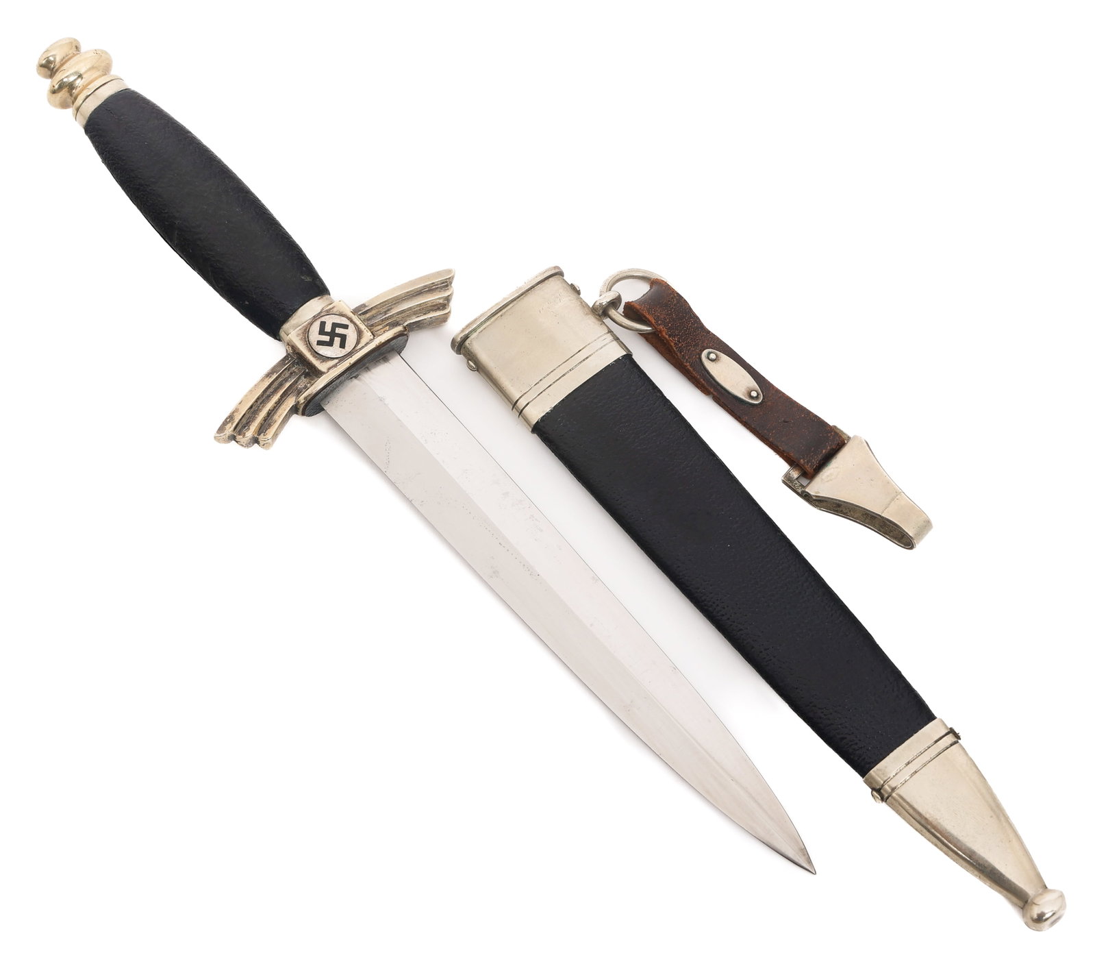WWII GERMAN NSFK DRESS DAGGER by JOSEF MUNCH: WWII GERMAN NSFK DRESS DAGGER by JOSEF MUNCH WWII German NSFK Flyers Dress Dagger. Double edged, bright blade. Maker marked by Josef Munch near the ricasso. Blue pebbled leather buffer pad. Winged nic