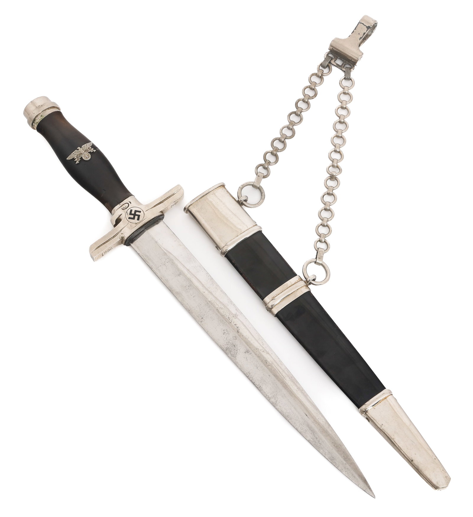 WWII GERMAN POSTAL LEADER DAGGER by P WEYERSBERG: WWII GERMAN POSTAL LEADER DAGGER by P WEYERSBERG WWII German Postal Leader Dagger. Double edged, bright blade. Visible crossgrain. Maker marked by Paul Weyersberg on the ricasso. Leather buffer pad. N