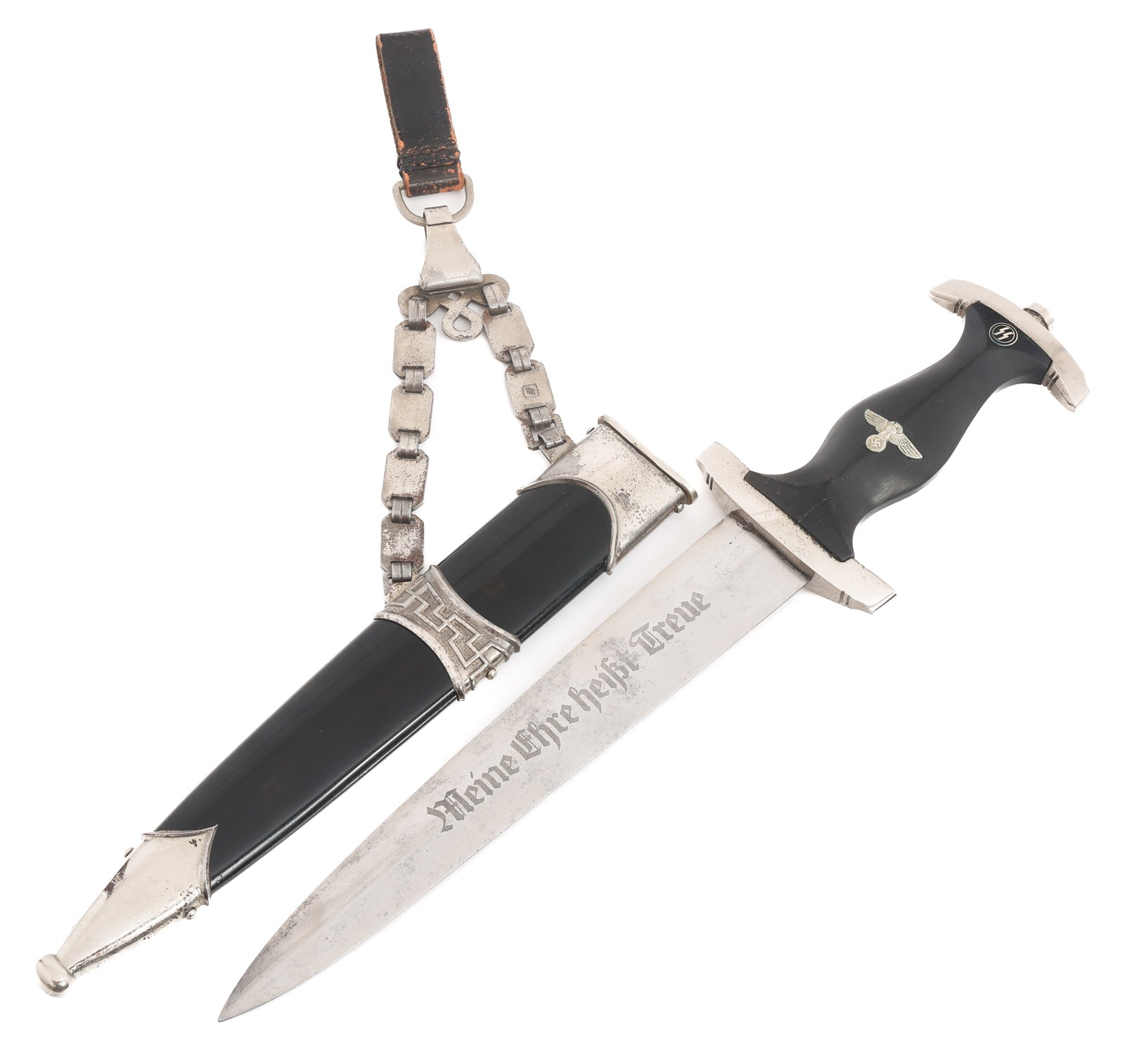 WWII GERMAN SS MODEL 1936 OFFICER CHAINED DAGGER: WWII GERMAN SS MODEL 1936 OFFICER CHAINED DAGGER WWII German SS Model 1936 Officer Chained Dress Dagger. Double edged, bright, unmarked blade with acid etched motto "Meine Ehre Heist Treue" on light g