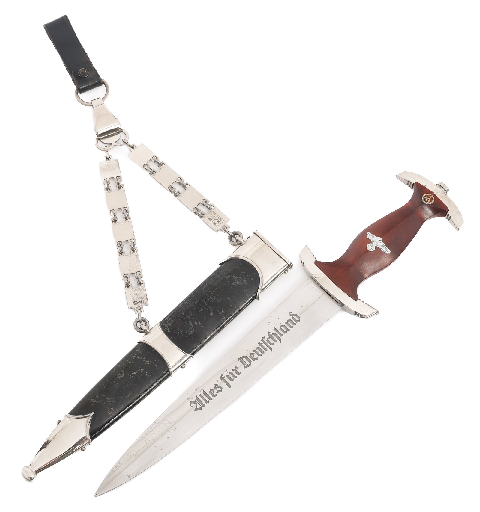 WWII GERMAN NSKK TRANSITIONAL CHAIN DAGGER by PUMA: WWII GERMAN NSKK TRANSITIONAL CHAIN DAGGER by PUMA WWII German NSKK Transitional Dress Chain Dagger. Double edged blade with acid etched motto "Alles Fur Deutschland" in light grey background. Highly 