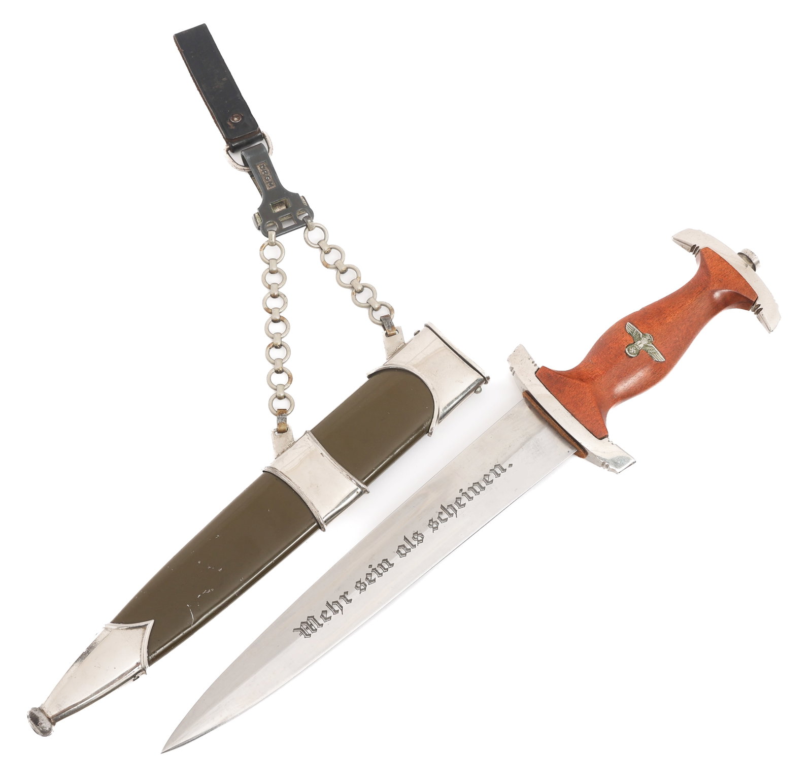 WWII GERMAN NPEA LEADER CHAINED DAGGER: WWII GERMAN NPEA LEADER CHAINED DAGGER WWII German NPEA Student Leader Chained Dagger. Double edged, bright blade with acid etched motto Mehr sein als scheinen on dark grey background. Maker marked by