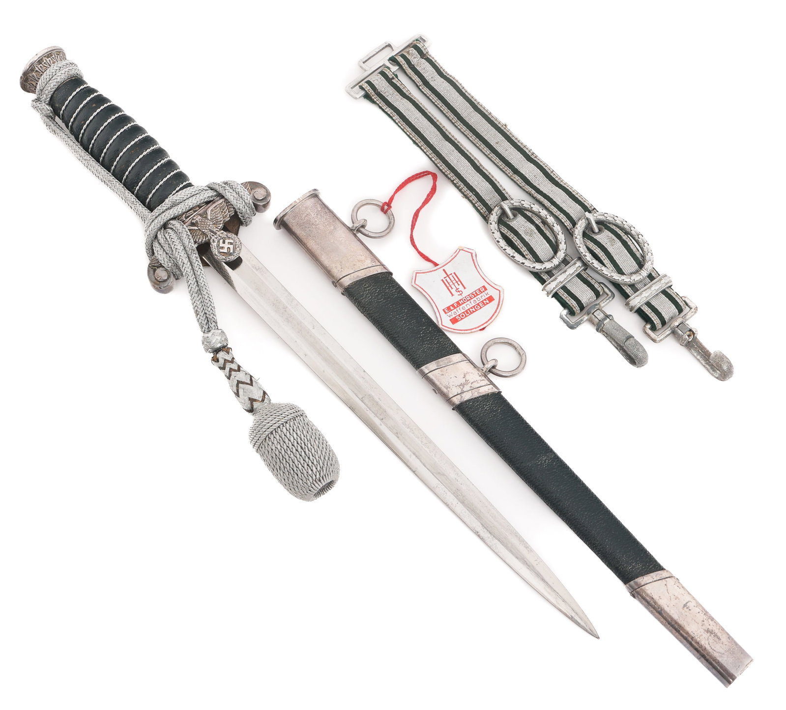 WWII GERMAN LAND CUSTOMS OFFICIAL DAGGER: WWII GERMAN LAND CUSTOMS OFFICIAL DAGGER WWII German Land Customs Official Dagger. Double edged, bright blade. Maker mark of EF Horster acid etched on the ricasso. Nickel-silver hilt with twisted