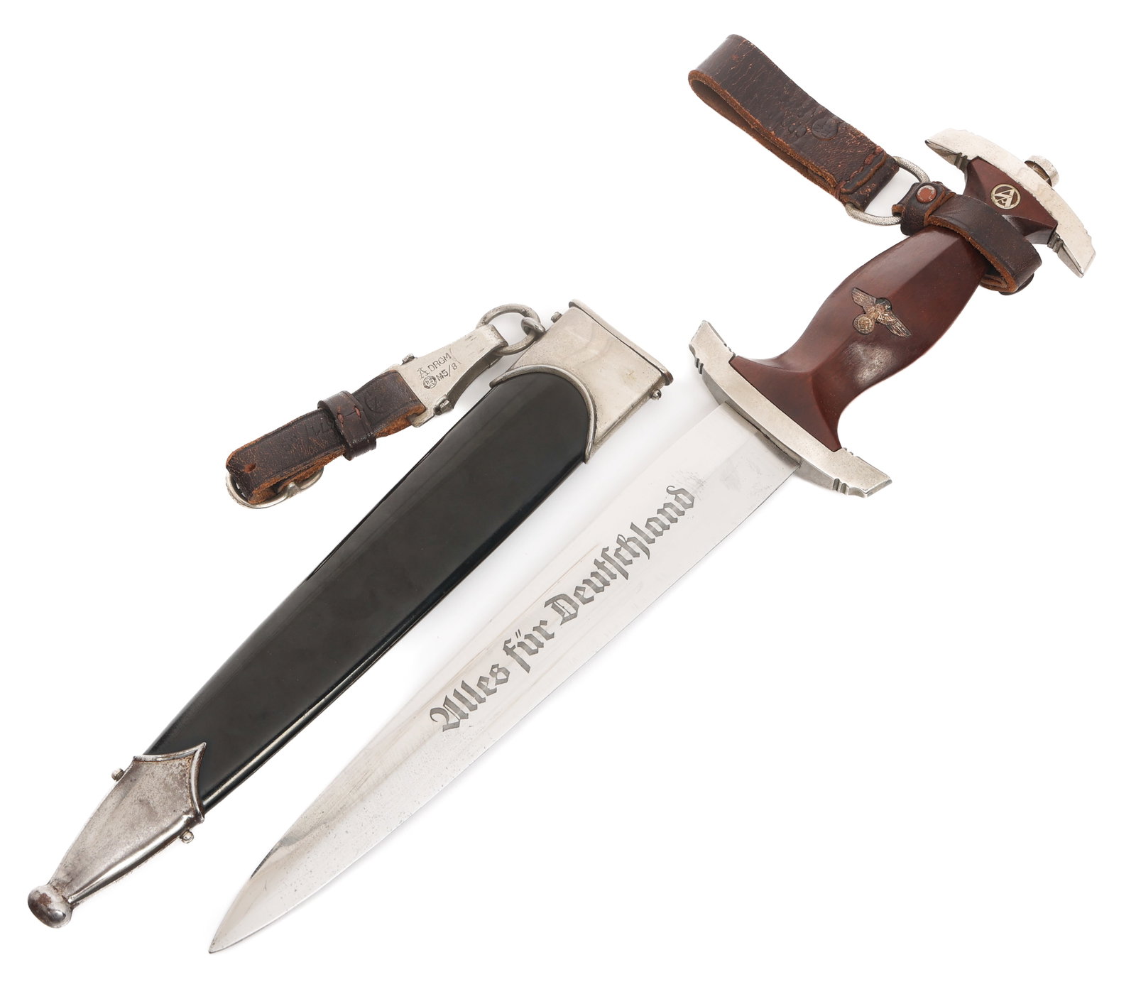 WWII GERMAN NSKK DRESS DAGGER by RZM M7/81/40: WWII GERMAN NSKK DRESS DAGGER by RZM M7/81/40 WWII German NSKK Dress Dagger. Double edged blade with acid etched motto "Alles Fur Deutschland" in light grey background. Highly visible crossgrain. RZM