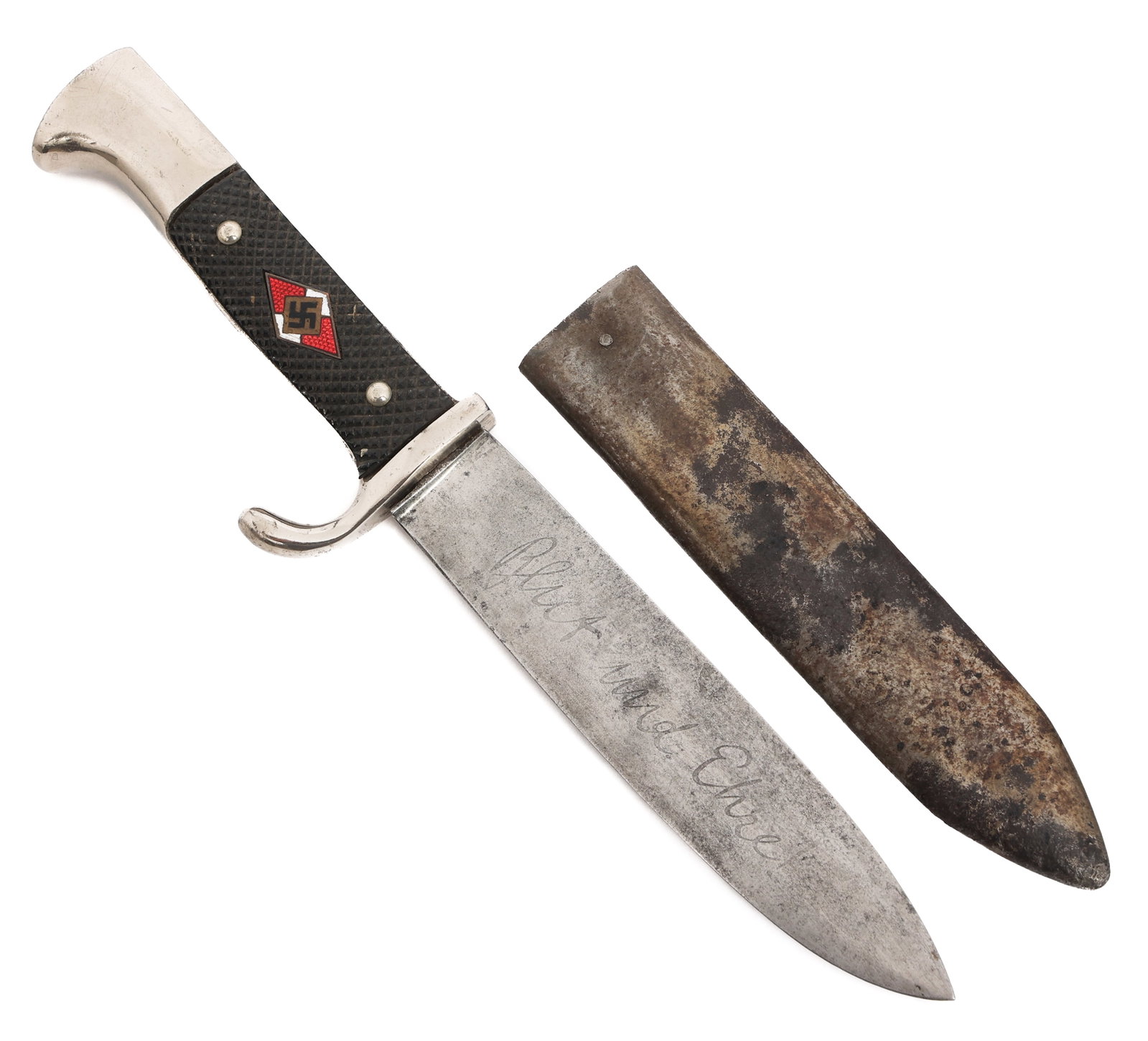 WWII GERMAN HITLER YOUTH KNIFE - MOTTO by WINGEN: WWII GERMAN HITLER YOUTH KNIFE - MOTTO by WINGEN WWII German Hitler Youth Knife with Motto. Single edged, bright blade with acid etched motto "Blut und Ehre!" on one side. Maker marked by Anton