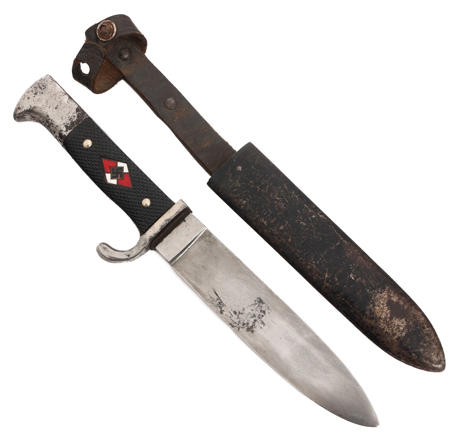 WWII GERMAN HITLER YOUTH KNIFE by RZM M7/8: WWII GERMAN HITLER YOUTH KNIFE by RZM M7/8 WWII German Hitler Youth Knife. Single edged, bright blade. Maker marked by RZM M7/8 near the ricasso. Leather buffer pad. Nickel-silver plated steel hilt