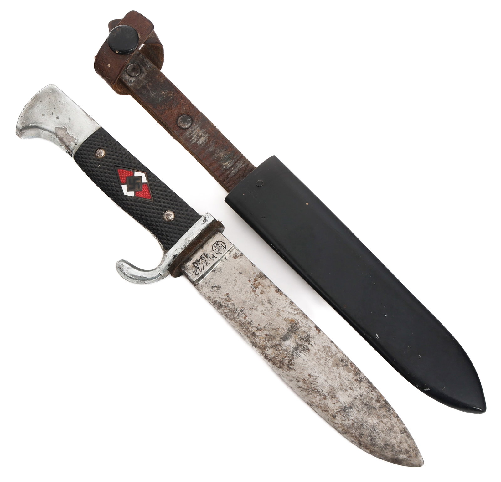 WWII GERMAN HITLER YOUTH KNIFE by RZM M7/12: WWII GERMAN HITLER YOUTH KNIFE by RZM M7/12 WWII German Hitler Youth Knife. Single edged, bright blade. Maker marked by RZM M7/12 and dated 1940 near the ricasso. Leather buffer pad. Nickel-silver