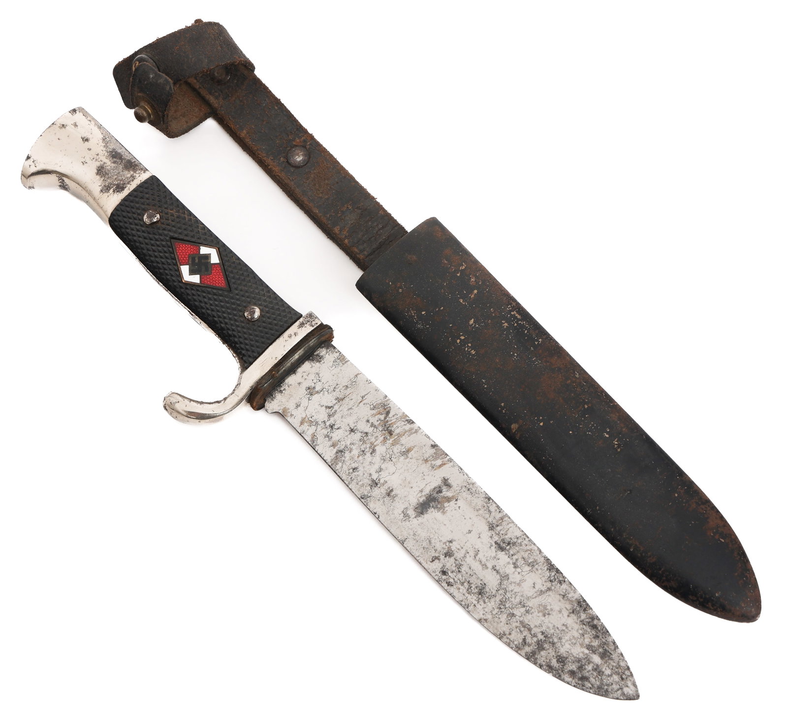 WWII GERMAN HITLER YOUTH KNIFE by ED WUSTHOF: WWII GERMAN HITLER YOUTH KNIFE by ED WUSTHOF WWII German Hitler Youth Knife. Single edged, bright blade. Maker marked by Ed Wusthof on one side of the blade. Leather buffer pad. Nickel-silver plated