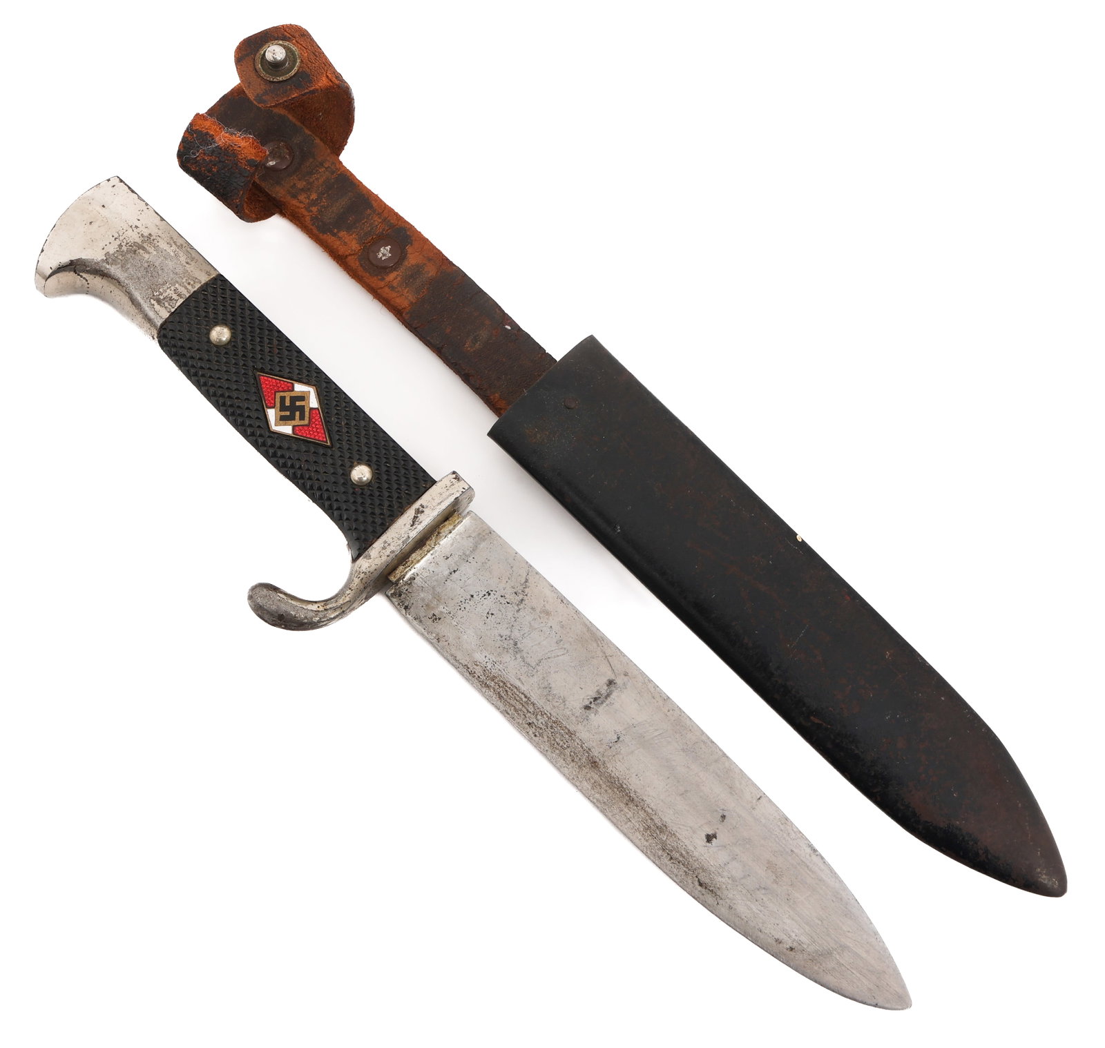 WWII GERMAN HITLER YOUTH KNIFE - MOTTO by HENCKELS: WWII GERMAN HITLER YOUTH KNIFE - MOTTO by HENCKELS WWII German Hitler Youth Knife with Motto. Single edged, bright blade with acid etched motto "Blut und Ehre!" on one side. Maker marked by J A Hencke