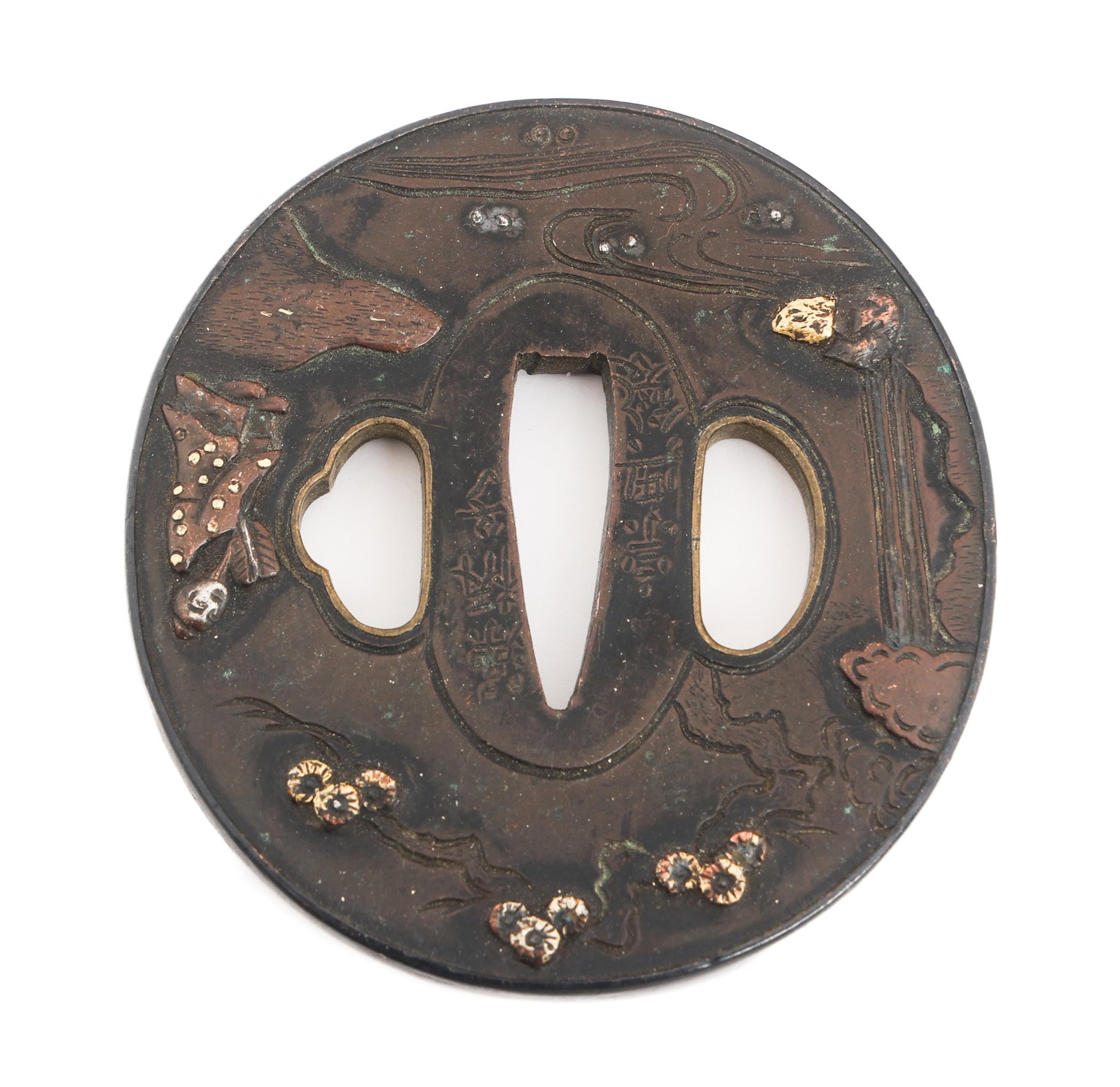 JAPANESE KATANA SIGNED TSUBA: JAPANESE KATANA SIGNED TSUBA Japanese Katana Tsuba. Iron with Kanji characters and gold gilded design.