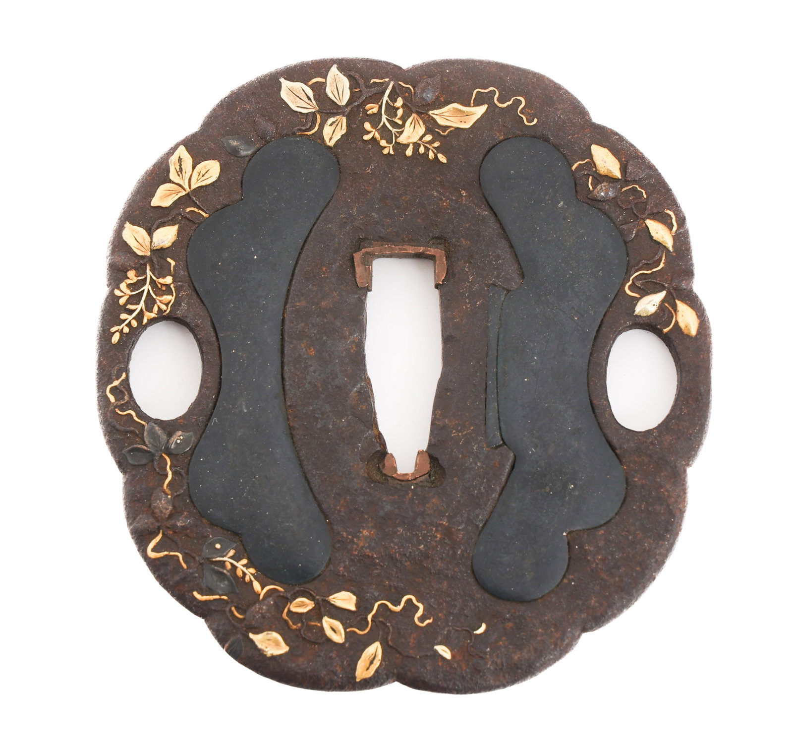 JAPANESE KATANA TSUBA: JAPANESE KATANA TSUBA Japanese Katana Tsuba. Iron and steel with gold gilded design.