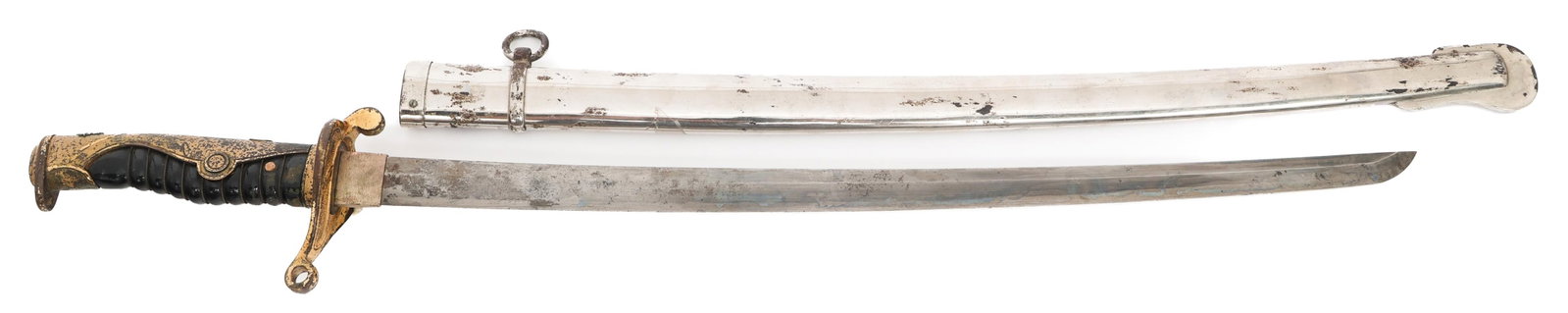 IMPERIAL JAPANESE M-1889 SHORE PATROL SWORD: IMPERIAL JAPANESE M-1889 SHORE PATROL SWORD Imperial Japanese M-1889 Shore Patrol Sword. Single edged, bright blade with Sugu style Hamon. Brass Habaki. Brass hilt with lacquered wood handle. Two hole