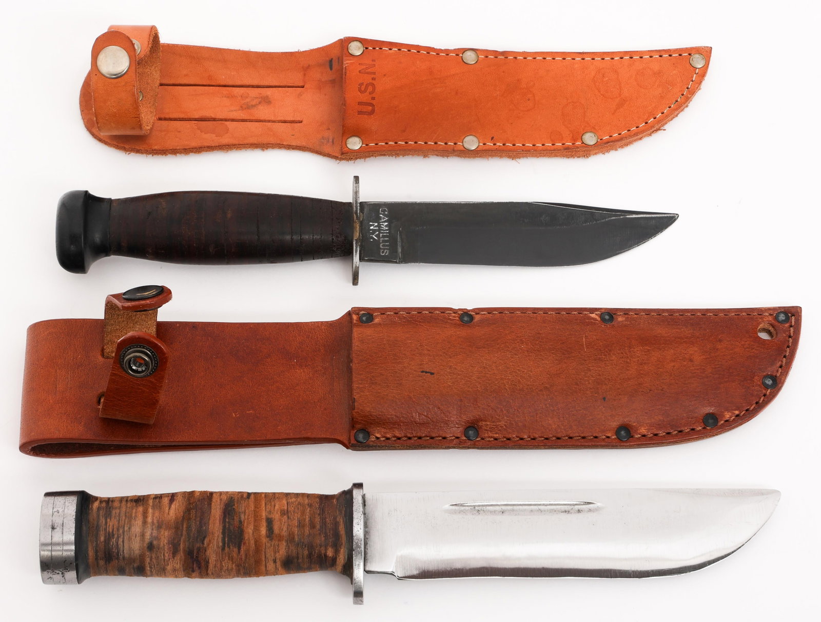 WWII US CATTARAUGUS 225Q & USN MkI FIGHTING KNIVES: WWII US CATTARAUGUS 225Q & USN MkI FIGHTING KNIVES WWII US Cattaraugus 225Q and USN MkI Fighting Knives. (1) Cattaraugus 225Q. Single edged, bright blade. Maker marked by Cattaraugus 225Q on the ricas