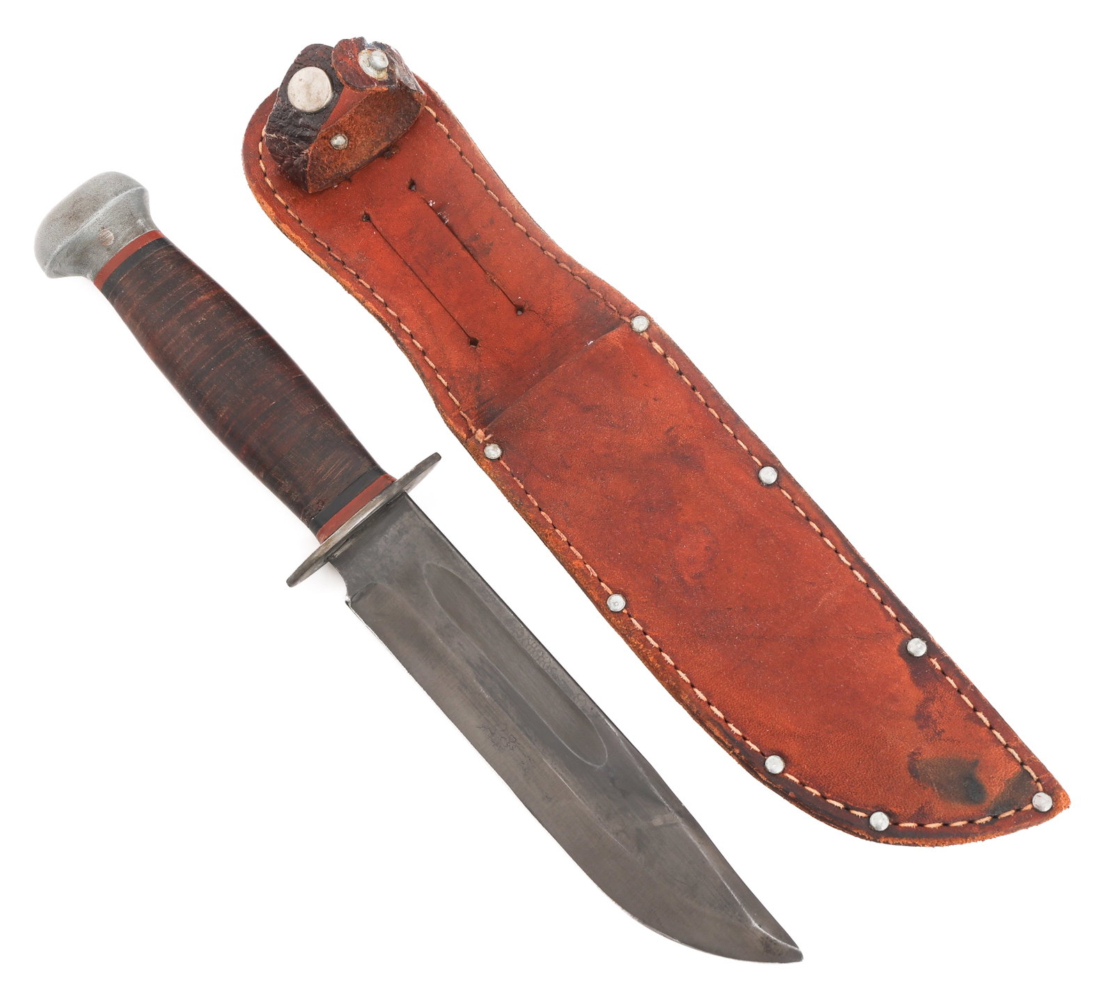 WWII US PAL RH36 UTILITY KNIFE WITH SHEATH: WWII US PAL RH36 UTILITY KNIFE WITH SHEATH WWII US Pal RH36 Utility Knife. Single edged blade with fuller. Maker marked by RH-36 PAL on the ricasso. Steel guard with stacked leather handle, alloy base