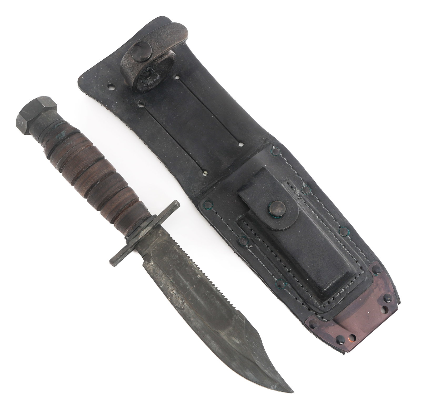 US 5" JET PILOT SURVIVAL KNIFE: US 5" JET PILOT SURVIVAL KNIFE US Armed Forces 5" Jet Pilot Survival Knife. Single edged, parkerized blade with fuller and sawback spine. Steel hilt with stacked leather grip. Maker marked by