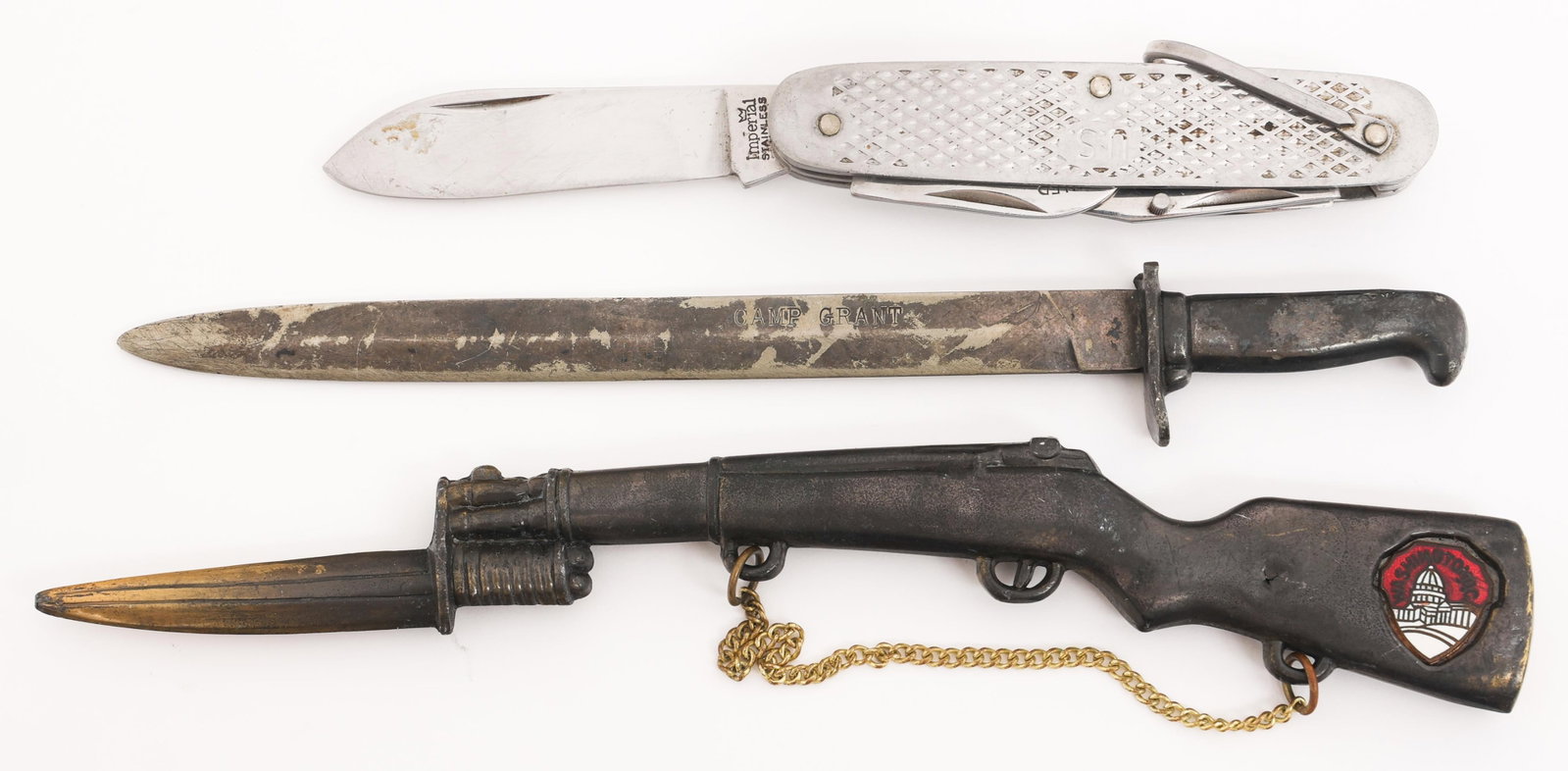 US FOLDING POCKET KNIFE & LETTER OPENERS: US FOLDING POCKET KNIFE & LETTER OPENERS US Armed Forces Folding Pocket Knife and Letter Openers. (1) Folding Pocket Knife. Maker marked by Imperial on the ricasso. (1) Washington DC M1 Garand Letter