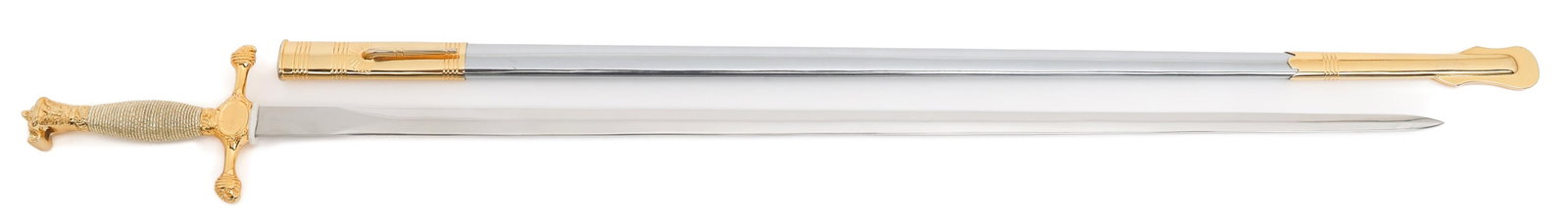 US ARMY WEST POINT CADET SWORD: US ARMY WEST POINT CADET SWORD US Army West Point Cadet Sword. Double edged, bright blade. No visible marks. Felt buffer pad. Gilded brass and alloy based hilt. Plated steel scabbard with gilded