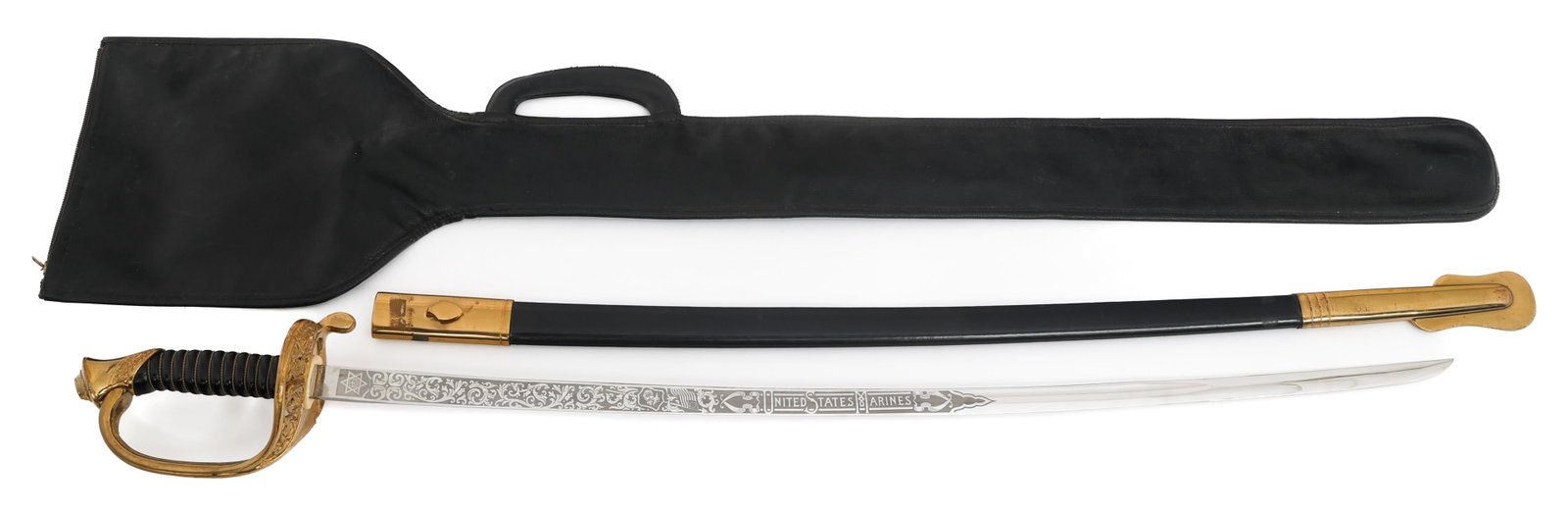 COLD WAR USMC NAMED ENLISTED DRESS SWORD: COLD WAR USMC NAMED ENLISTED DRESS SWORD Cold War US Marine Corps Named Enlisted Man Dress Sword. Single edged, bright blade. Triple acid etched with floral, patriotic patterns, and "Cpl D. Z. Dillon