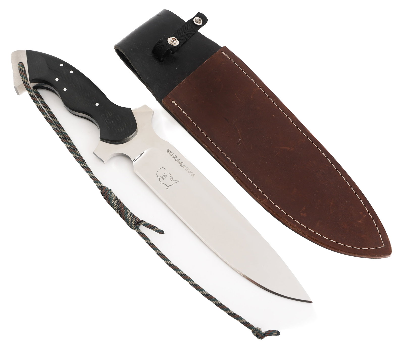 TOM BARAMINSKI FIGHTER KNIFE WITH SHEATH: TOM BARAMINSKI FIGHTER KNIFE WITH SHEATH Tom Baraminski Fighter Knife. Single edged, bright blade. Maker marked by Baraminski and marked D2 Steel near the ricasso. Full tang with Micarta handles.