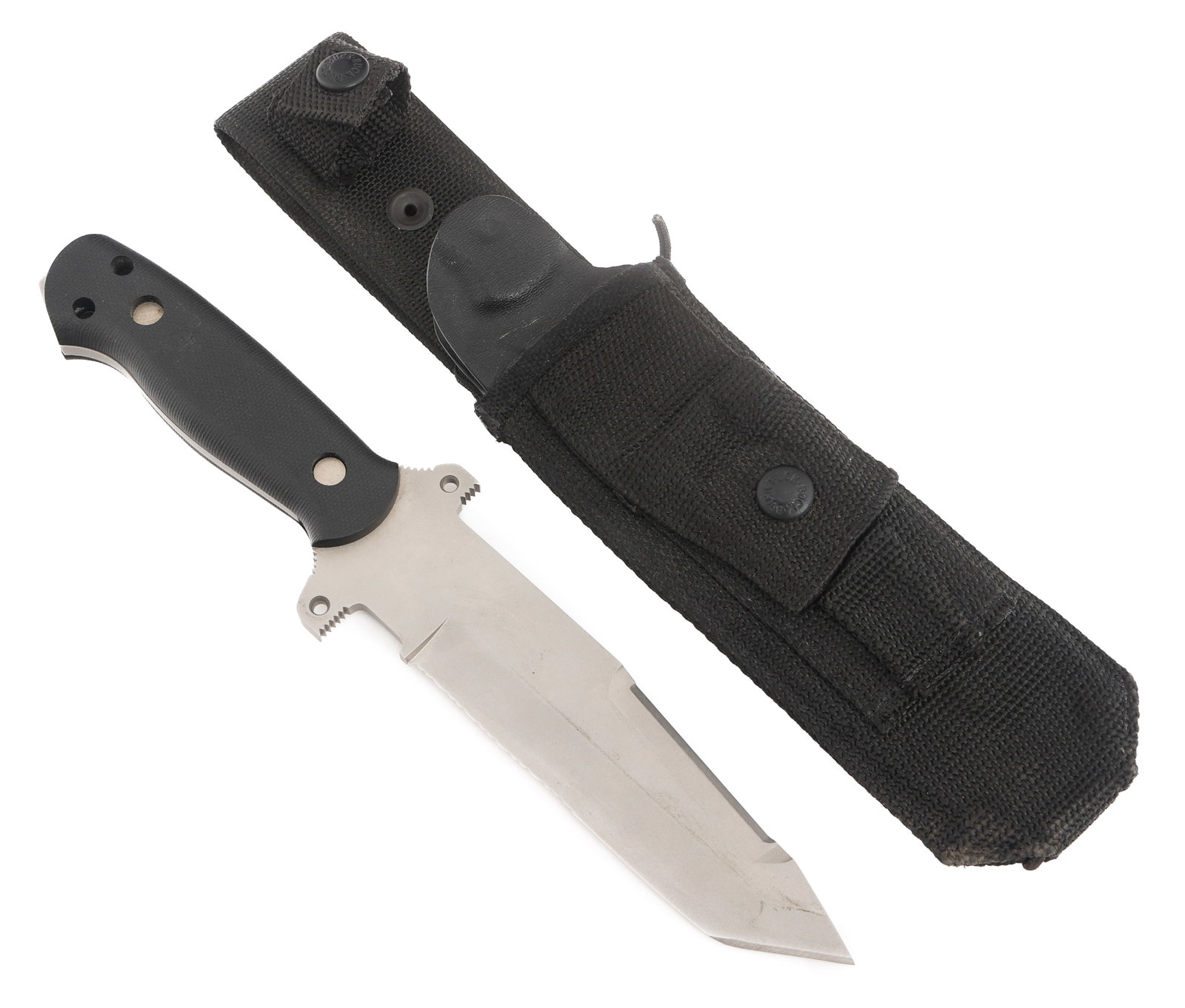 187-TA INTREPID TANTO by BUCK WITH SCABBARD: 187-TA INTREPID TANTO by BUCK WITH SCABBARD 187-TA Intrepid Tanto. Single edged parkerized blade. Maker marked by Buck near the spine. Textured composite grips. Kydex sheath with Nylon cover and