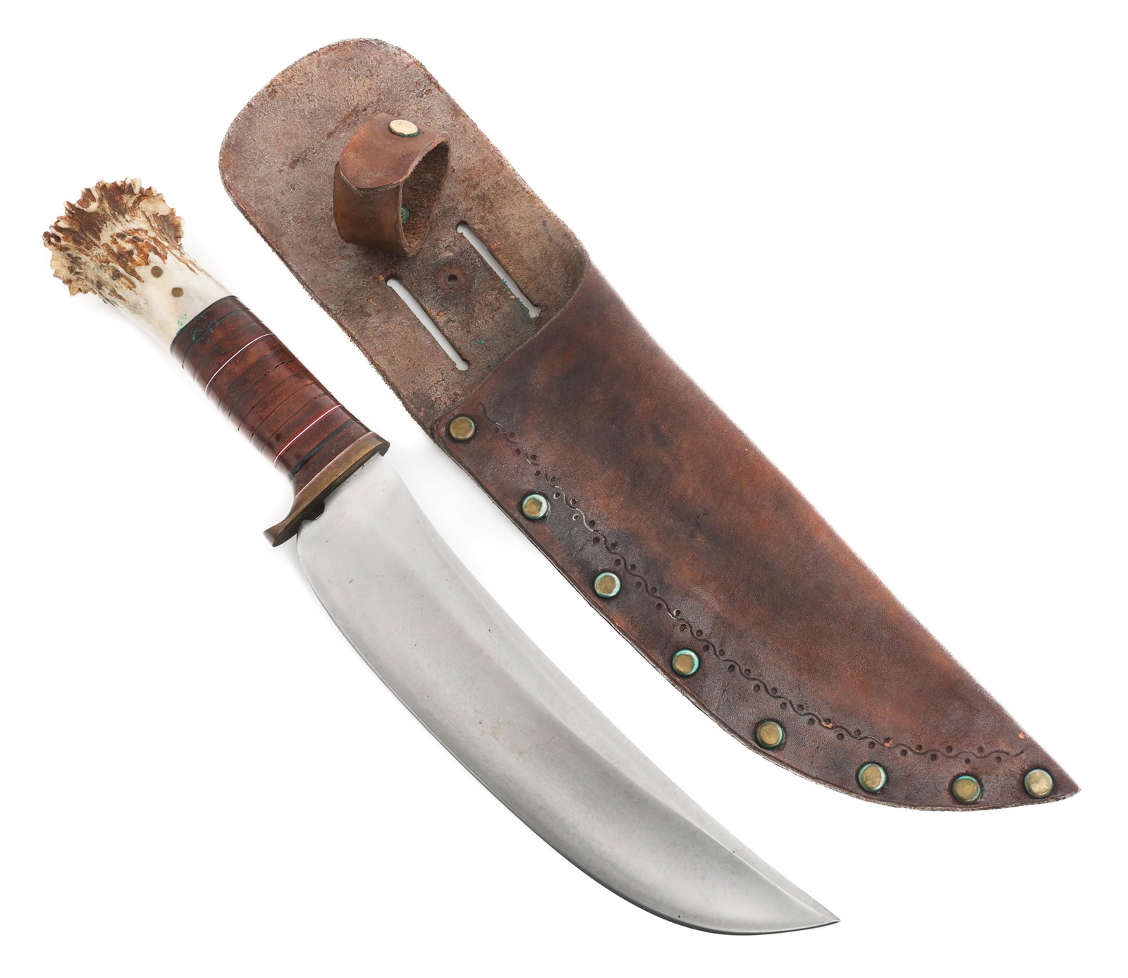 CAMP KNIFE by HANDMADE CLASSICS: CAMP KNIFE by HANDMADE CLASSICS Camp Knife. Single edged, bright blade. Maker marked by Handmade Classics on the ricasso. Brass guard with stacked leather and horn handle. Leather sheath. Blade