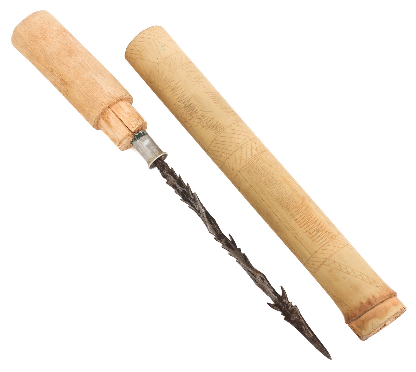 SOUTHEAST ASIAN FISHING SHORT SPEAR: SOUTHEAST ASIAN FISHING SHORT SPEAR Southeast Asian Fishing Short Spear. Steel blade with wooden handle and scabbard. Blade Length: 6 1/2" Total Length: 12"