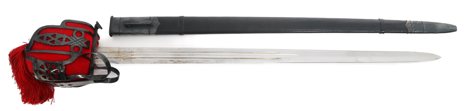 MODERN REENACTOR SCOTTISH BASKET HILT BROAD SWORD: MODERN REENACTOR SCOTTISH BASKET HILT BROAD SWORD Modern Reenactor Scottish Basket Hilt Broad Sword. Double edged blade with dual fullers. Blued steel hilt. Faux fishskin wrapped handle. Leather