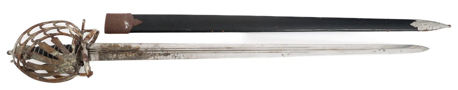 MODERN REENACTOR MERCENARY SCHIAVONA SWORD: MODERN REENACTOR MERCENARY SCHIAVONA SWORD Modern Reenactor Mercenary Schiavona Sword. Double edged, bright blade with triple fullers. Steel basket hilt. Leather wrapped scabbard with steel fittings.