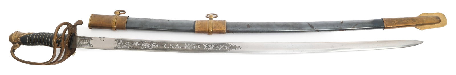 REENACTOR CIVIL WAR CONFEDERATE OFFICER SWORD: REENACTOR CIVIL WAR CONFEDERATE OFFICER SWORD Reenactor Civil War CSA Confederate Officer Sword. Single edged blade with acid etched markings. Steel scabbard with brass fittings. Blade Length: 33"