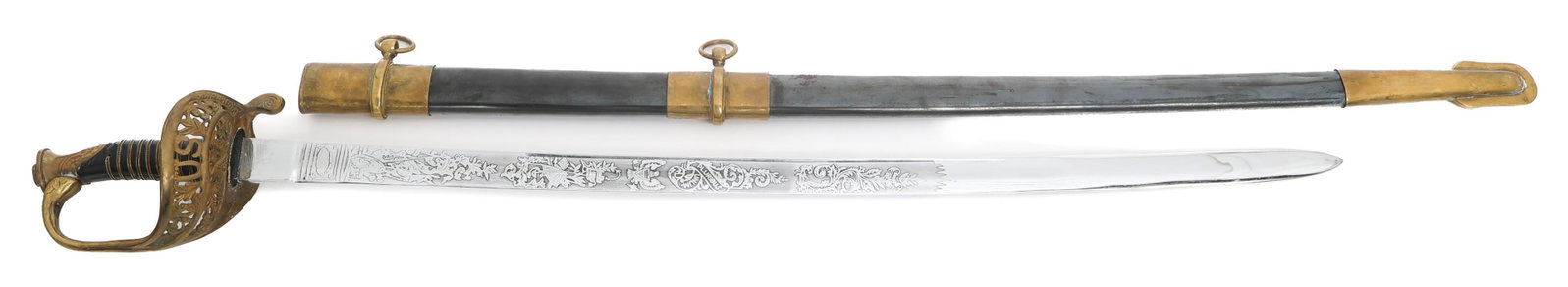 REENACTOR CIVIL WAR US M1850 STAFF & FIELD SWORD: REENACTOR CIVIL WAR US M1850 STAFF & FIELD SWORD Reenactor Civil War US M1850 Staff and Field Officer Sword. Acid etched blade. Steel scabbard with brass fittings. Blade Length: 31" Total Length: 36"