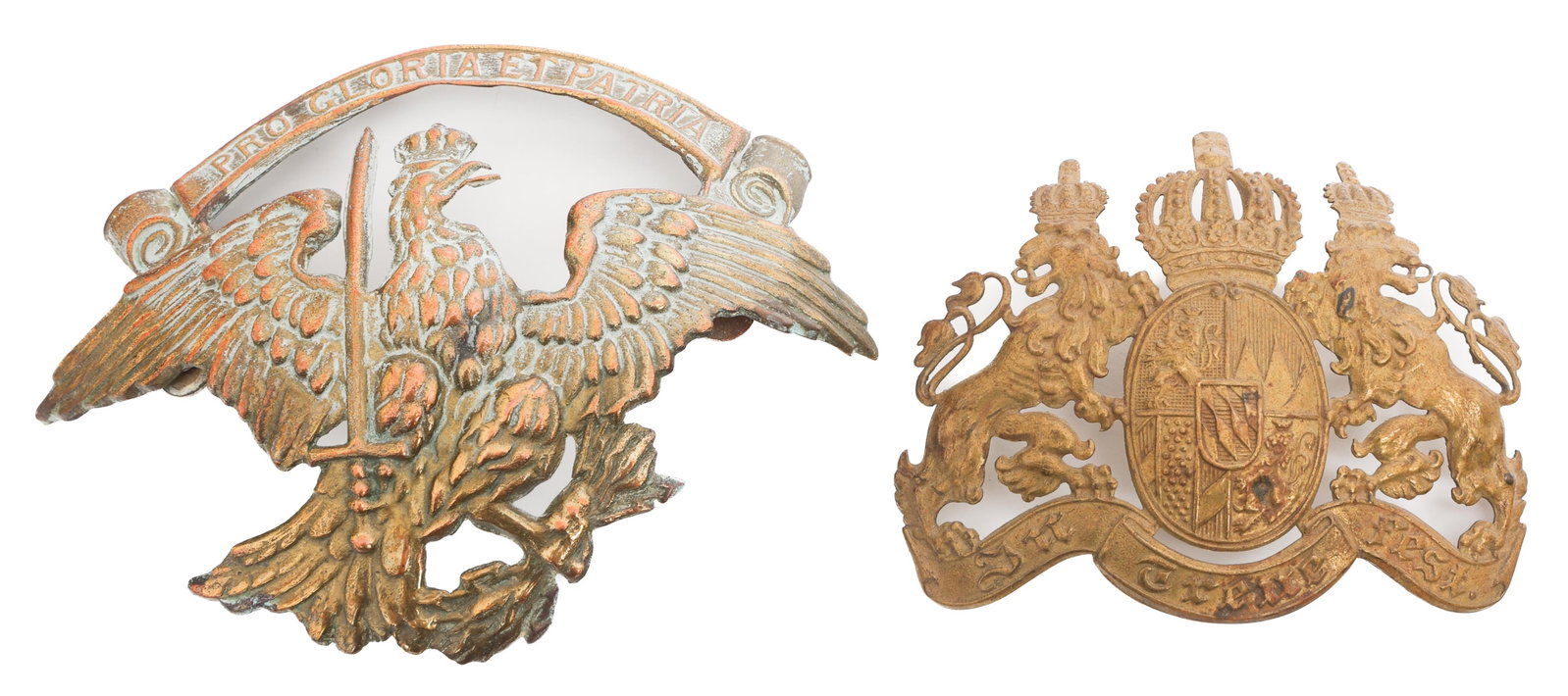 IMPERIAL GERMAN PICKELHAUBE FRONT PLATES: IMPERIAL GERMAN PICKELHAUBE FRONT PLATES Imperial German Pickelhaube Front Plates. (1) Prussian Cavalier Plate. (1) Bavarian Infantry Plate. Size: 5" x 3" - 7" x 5"