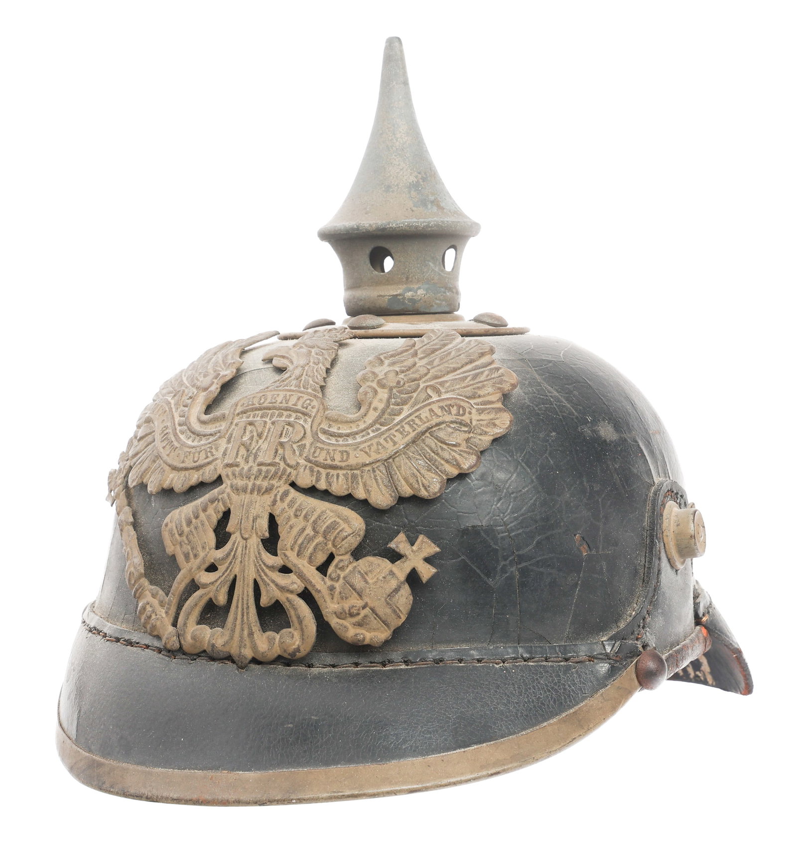 IMPERIAL GERMAN PRUSSIAN M1915 NCO PICKELHAUBE: IMPERIAL GERMAN PRUSSIAN M1915 NCO PICKELHAUBE WWI Imperial German Prussian Model 1915 NCO Pickelhaube Helmet. Prussian front plate. Steel visor trim, rear spine and spike. Cockades and chinstrap are 