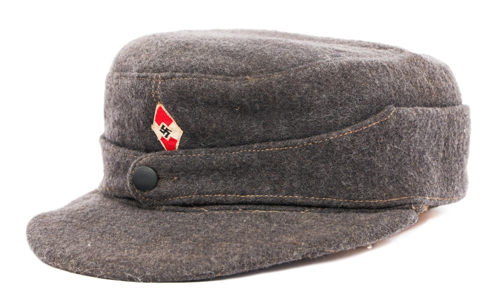 WWII GERMAN HITLER YOUTH M43 FLAK HELPER FIELD CAP: WWII GERMAN HITLER YOUTH M43 FLAK HELPER FIELD CAP WWII German Hitler Youth M43 Flak Helper Field Cap. Grey wool with Hitler Youth frontal insignia, button band and velvet liner. Stamped "00/2009/0004
