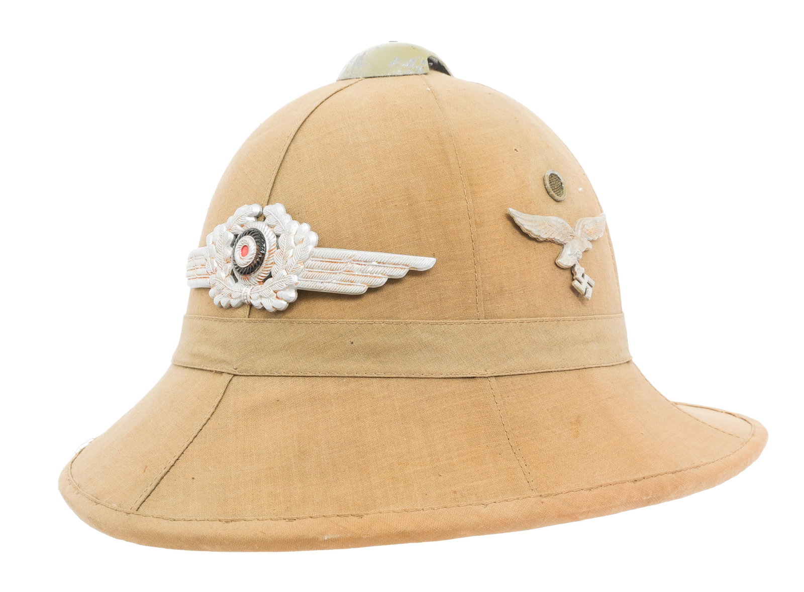 WWII GERMAN DAK LUFTWAFFE ITALIAN PITH HELMET: WWII GERMAN DAK LUFTWAFFE ITALIAN PITH HELMET WWII German DAK Luftwaffe Officer Italian M1928 Pith Helmet. Khaki cloth covered cork. National Tri-Color Shield, Luftwaffe Eagle, and winged wreathed coc