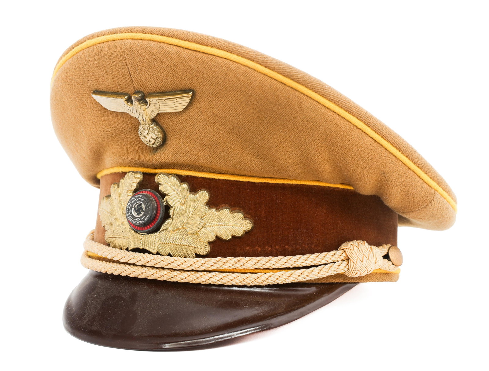 WWII GERMAN NSDAP POLITICAL LEADER VISOR CAP: WWII GERMAN NSDAP POLITICAL LEADER VISOR CAP WWII German NSDAP Political Leader Visor Cap. Khaki gabardine wool with yellow waffenfarbe. Gilded eagle and wreathed cockade. Brown velvet band, gold bull