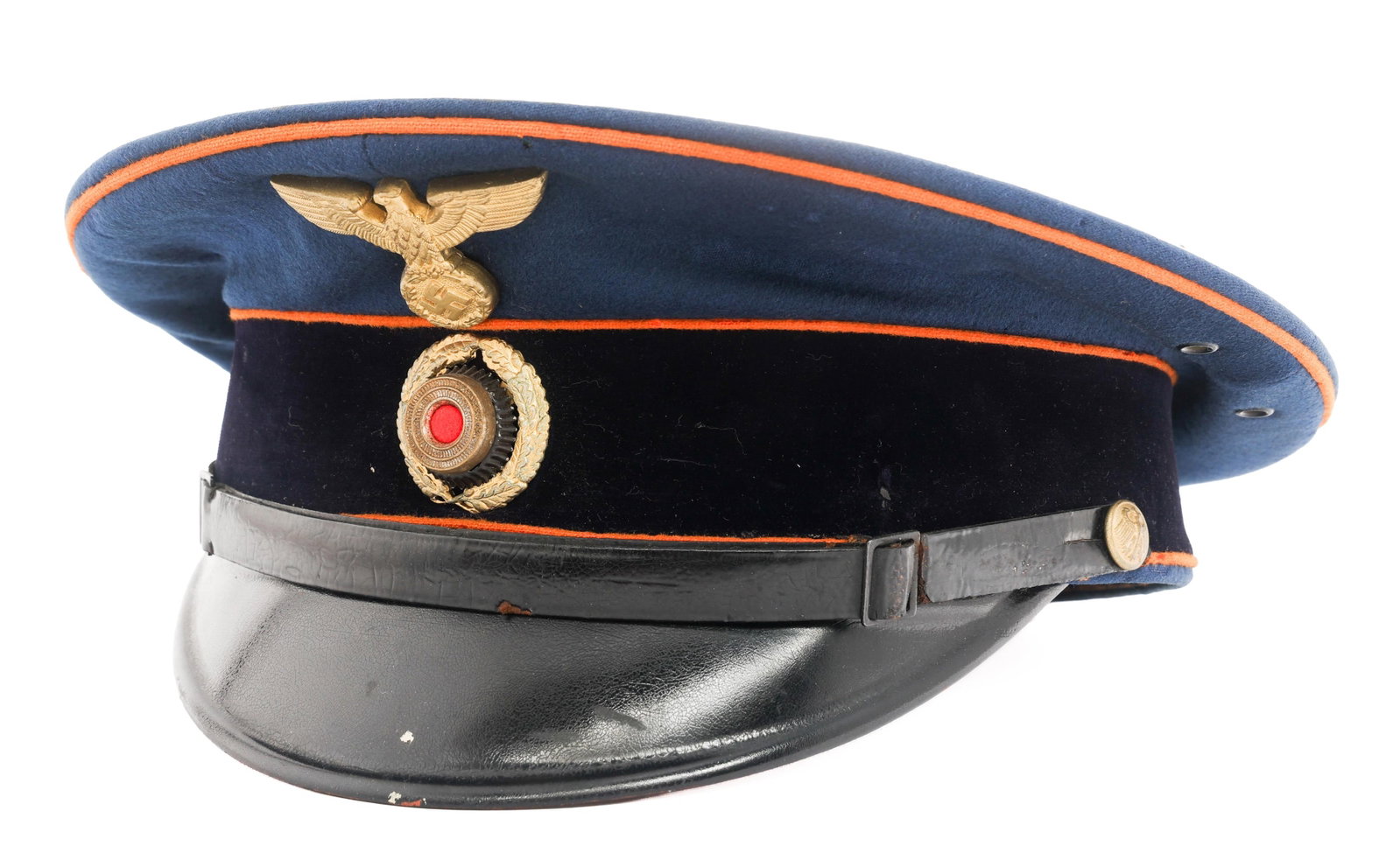 WWII GERMAN REICHPOST OFFICER'S VISOR CAP: WWII GERMAN REICHPOST OFFICER'S VISOR CAP WWII German Reichpost Officer Visor Cap. Blue fine wool with dark blue velvet band. Gilded alloy emblem and wreathed national cockade. Black leather chinstrap