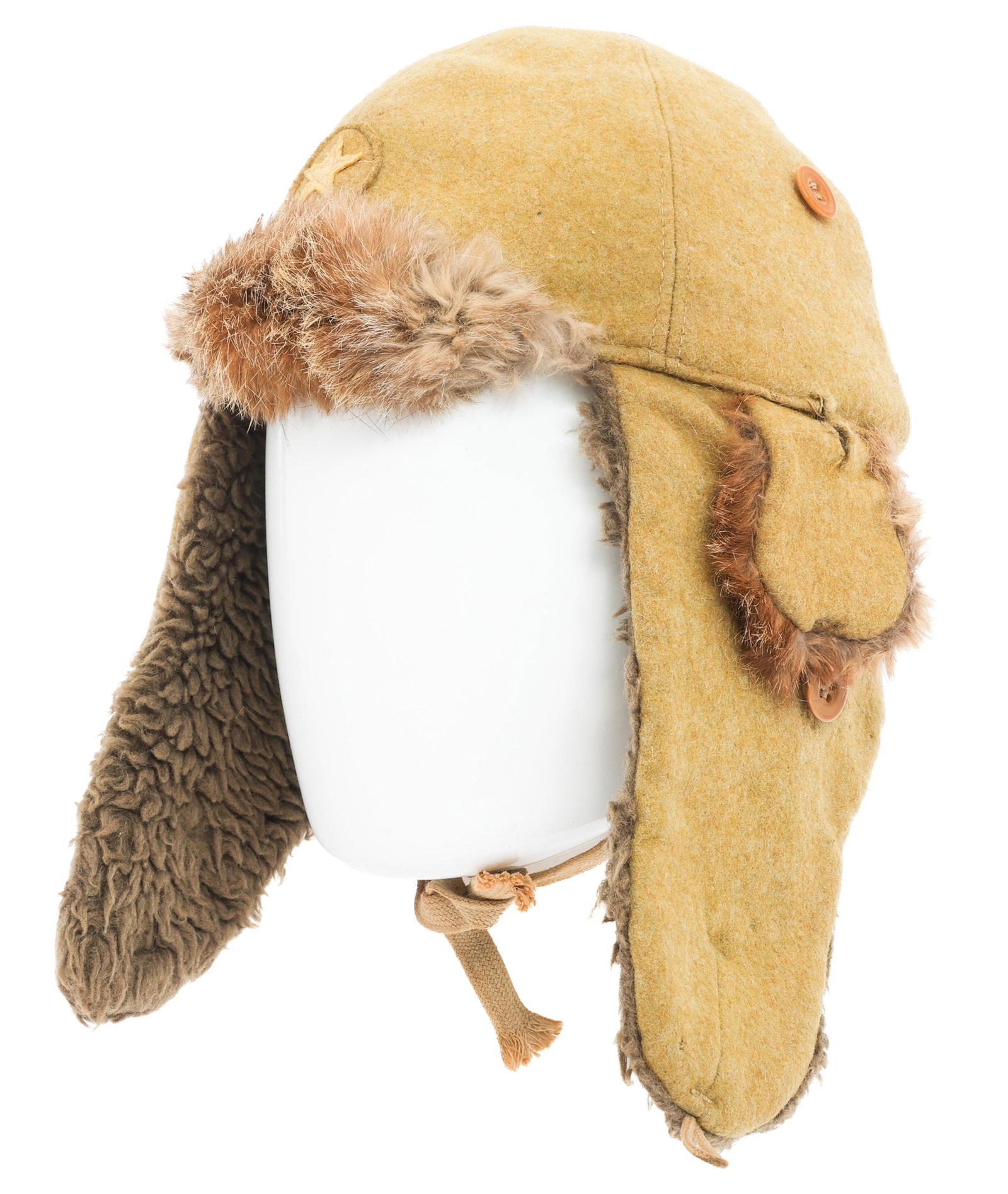 WWII IMPERIAL JAPANESE ARMY RABBIT FUR WINTER CAP: WWII IMPERIAL JAPANESE ARMY RABBIT FUR WINTER CAP WWII IJA Rabbit Fur Winter Field Cap. Light brown wool with rabbit fur brow and ear flaps. Frontal star badge. Interior cotton liner with Kanji marks.