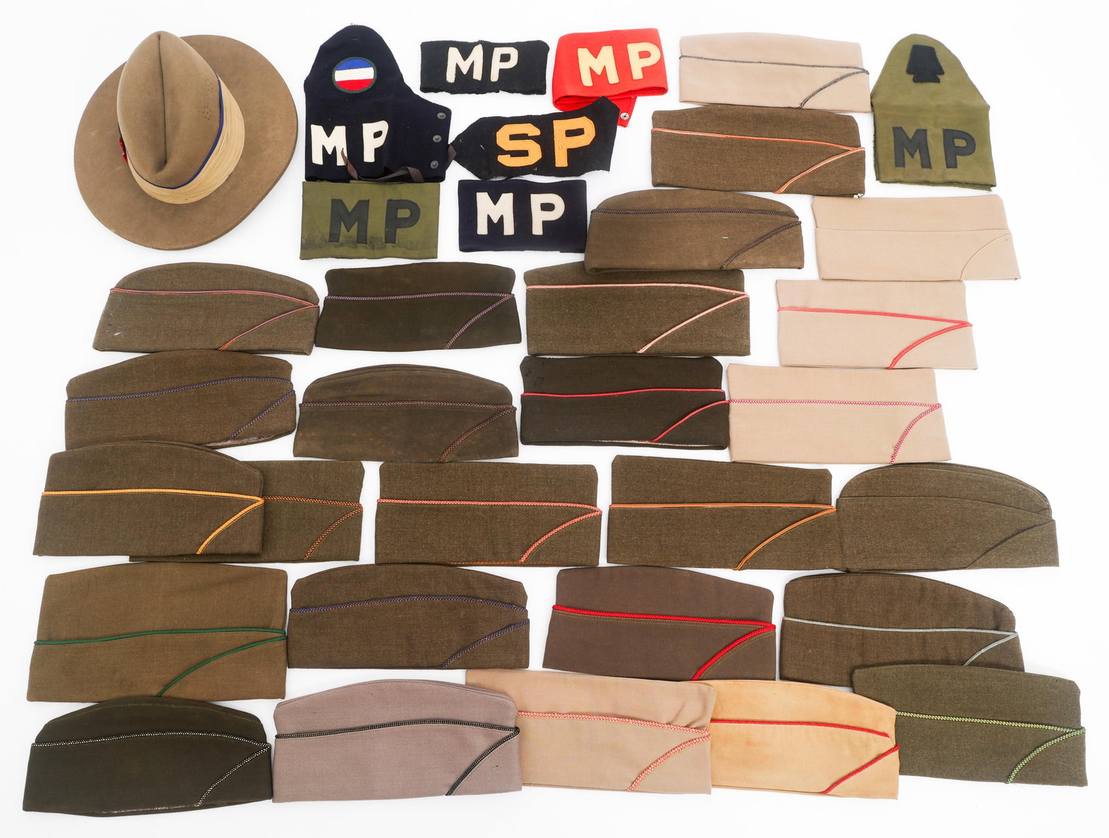 WWII US ARMY GARRISON CAPS & MP ARMBANDS (1 of 14)