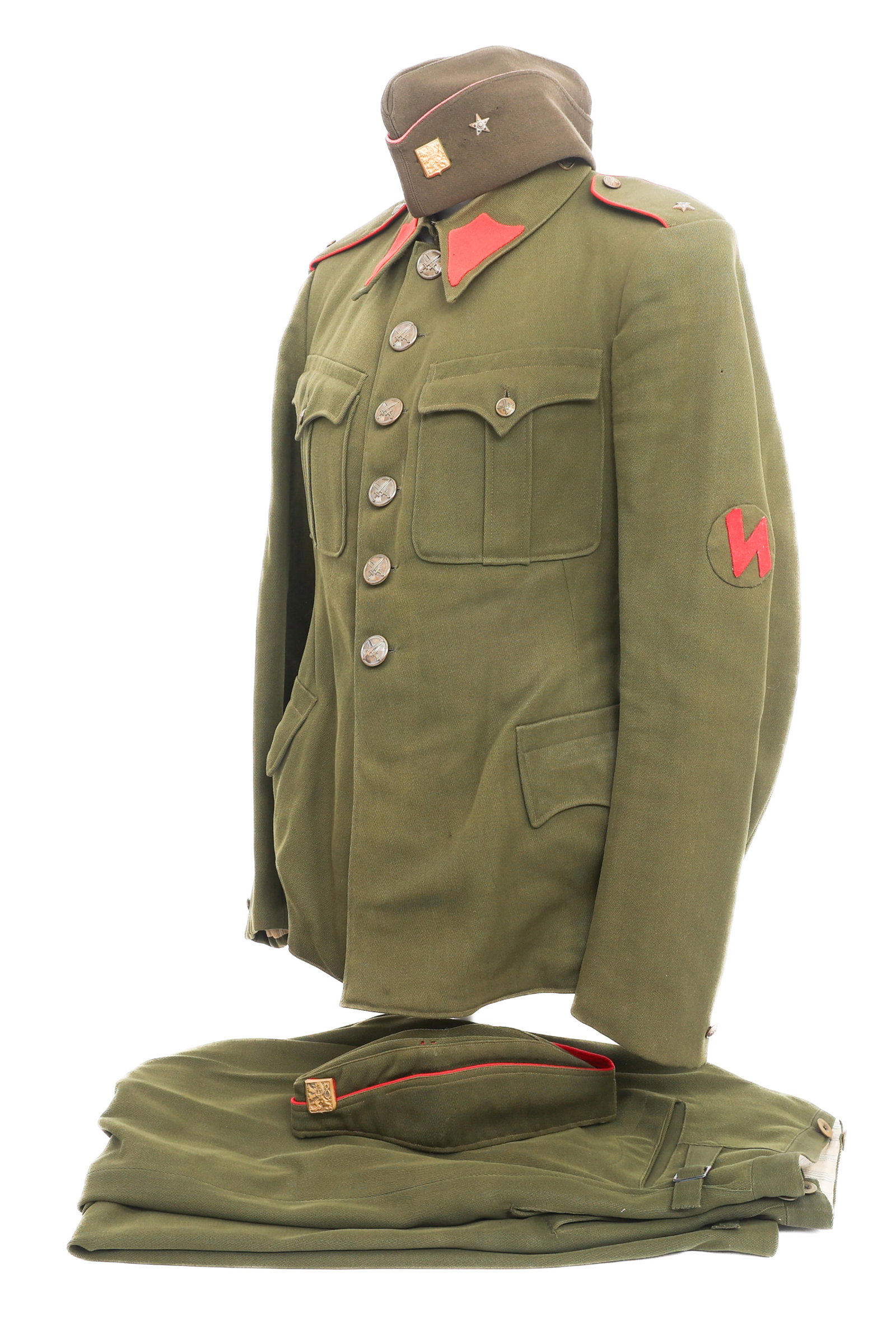 WWII CZECH OFFICER UNIFORM SET: WWII CZECH OFFICER UNIFORM SET WWII Czech Officer Uniform Set. (1) Czech Uniform. Wool with shoulder patch and captain shoulder rank insignia, red collar tabs and collar insignia. Includes matching tr