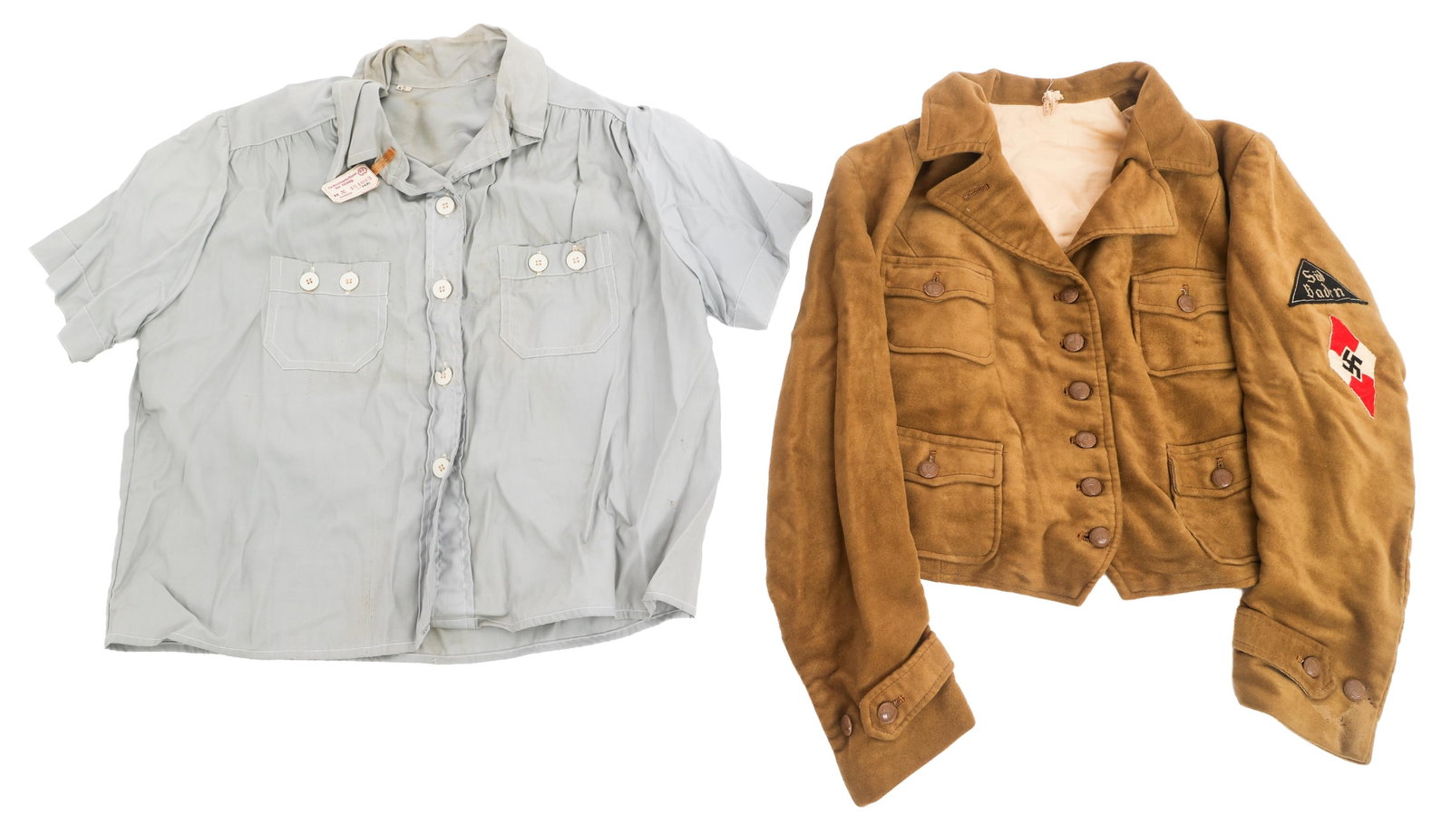WWII GERMAN HILTER YOUTH LEAGUE OF GIRLS UNIFORM: WWII GERMAN HILTER YOUTH LEAGUE OF GIRLS UNIFORM WWII German Hitler Youth League of Girls Uniform. (1) Jacket. Khaki wool with Hitler Youth diamond and Sud Baden patch. RZM tag. (1) Field Shirt. Light