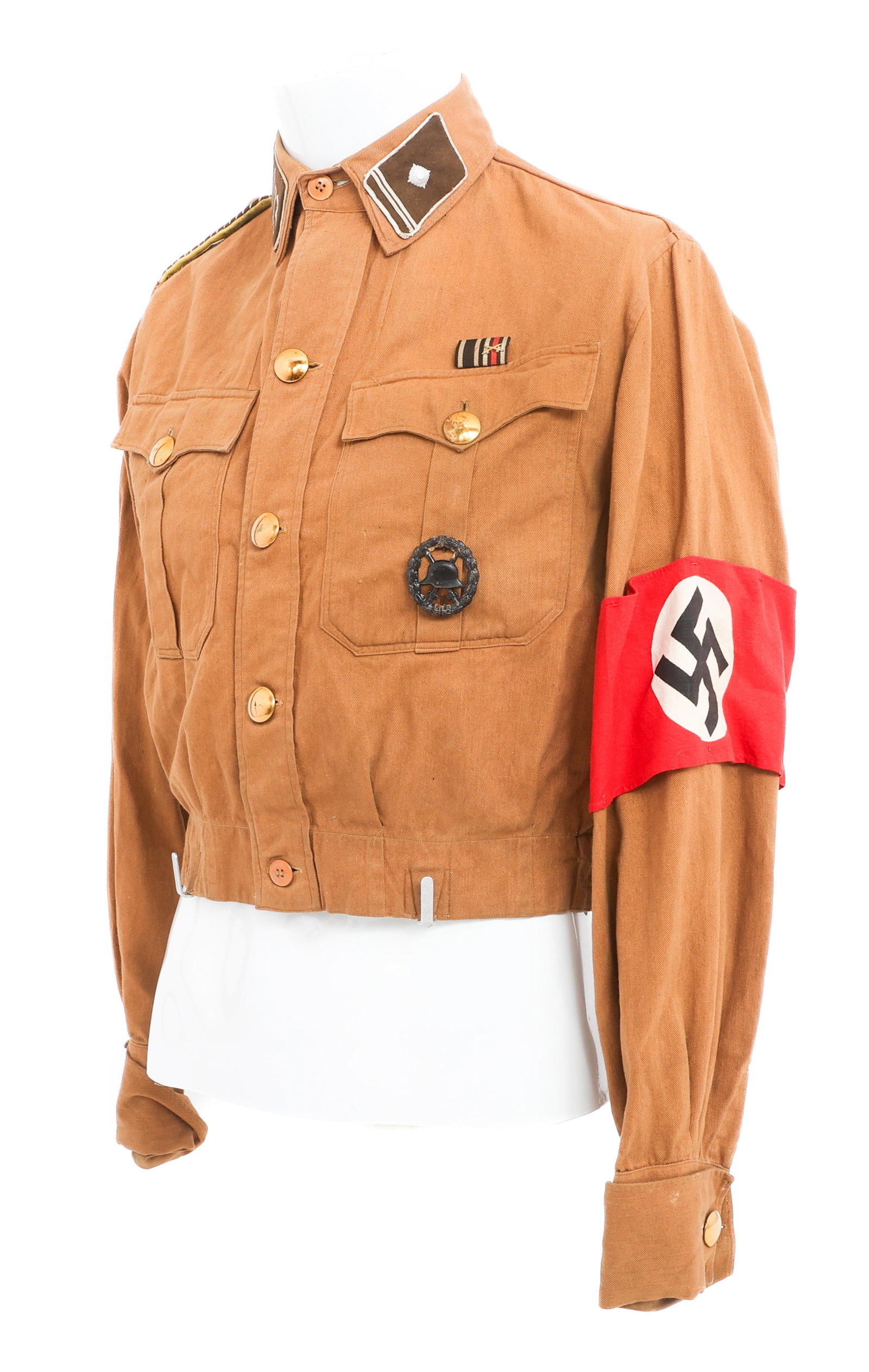 WWII GERMAN NSDAP FELDMEISTER BROWN SHIRT: WWII GERMAN NSDAP FELDMEISTER BROWN SHIRT WWII German NSDAP Feldmeister Brown Shirt. Cotton with gilded steel buttons. Faded tag. NSDAP armband. Feldmeister shoulder boards with Unterfeldwebel and 3/2