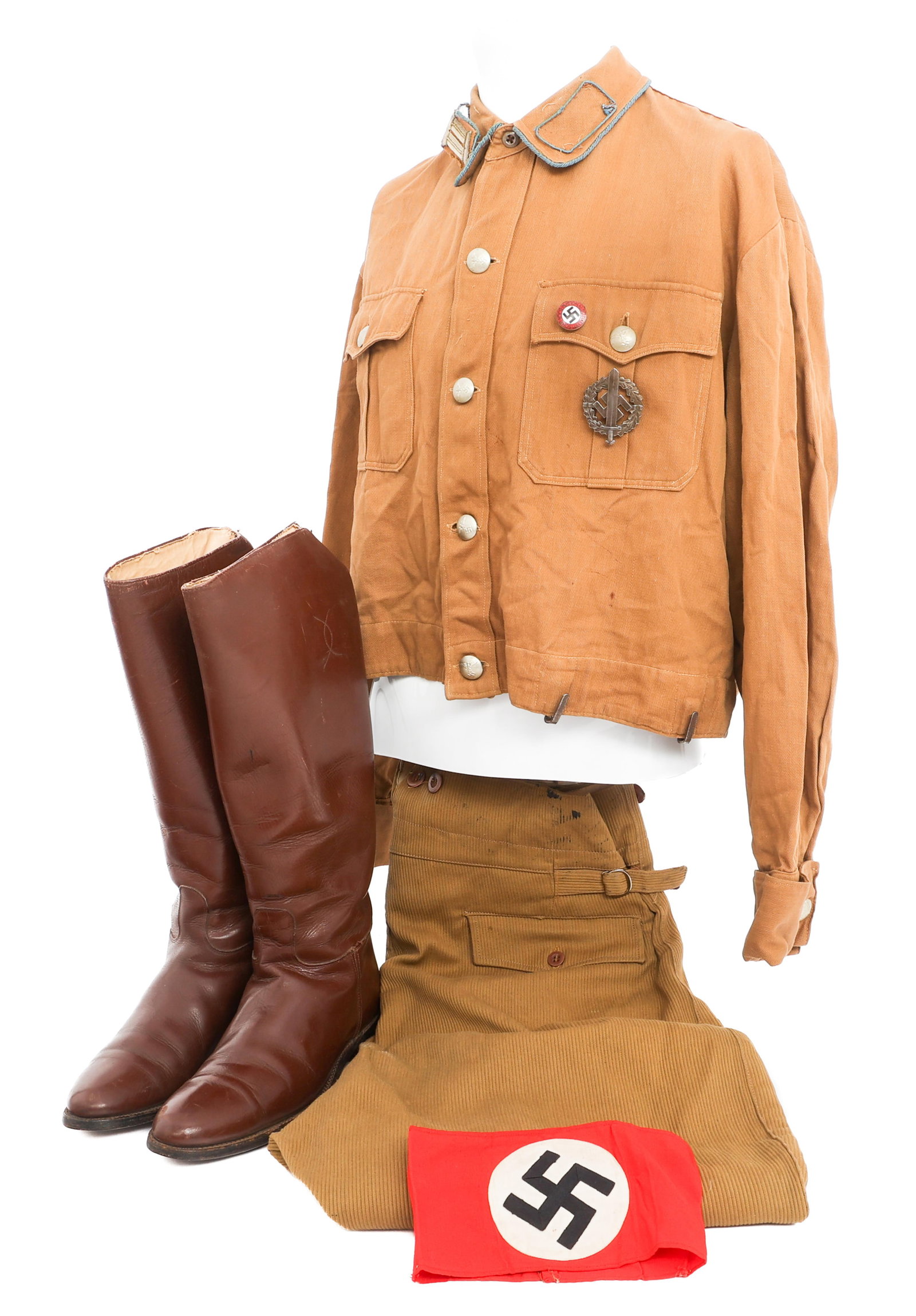WWII GERMAN ENLISTED SA BROWNSHIRT UNIFORM SET: WWII GERMAN ENLISTED SA BROWNSHIRT UNIFORM SET WWII German Enlisted SA Brownshirt Uniform. (1) Khaki Cotton Field Shirt. Light blue piping. Officer rank collar insignia, NSDAP badge with serial number