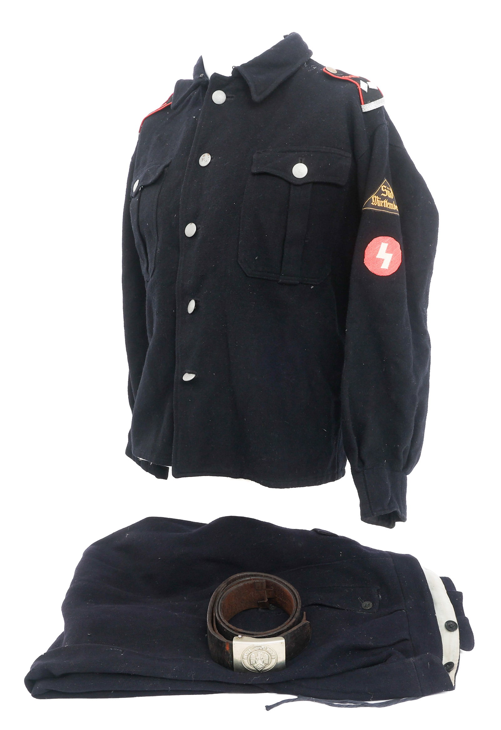 WWII GERMAN HITLER YOUTH OBERSCHARFUHRER UNIFORM: WWII GERMAN HITLER YOUTH OBERSCHARFUHRER UNIFORM WWII German Hitler Youth Oberscharf?hrer Uniform. (1) Tunic. Dark blue wool. Sud Wurttemberg and Sigrune sleeve patches. 120th Regiment Oberscharf?hrer