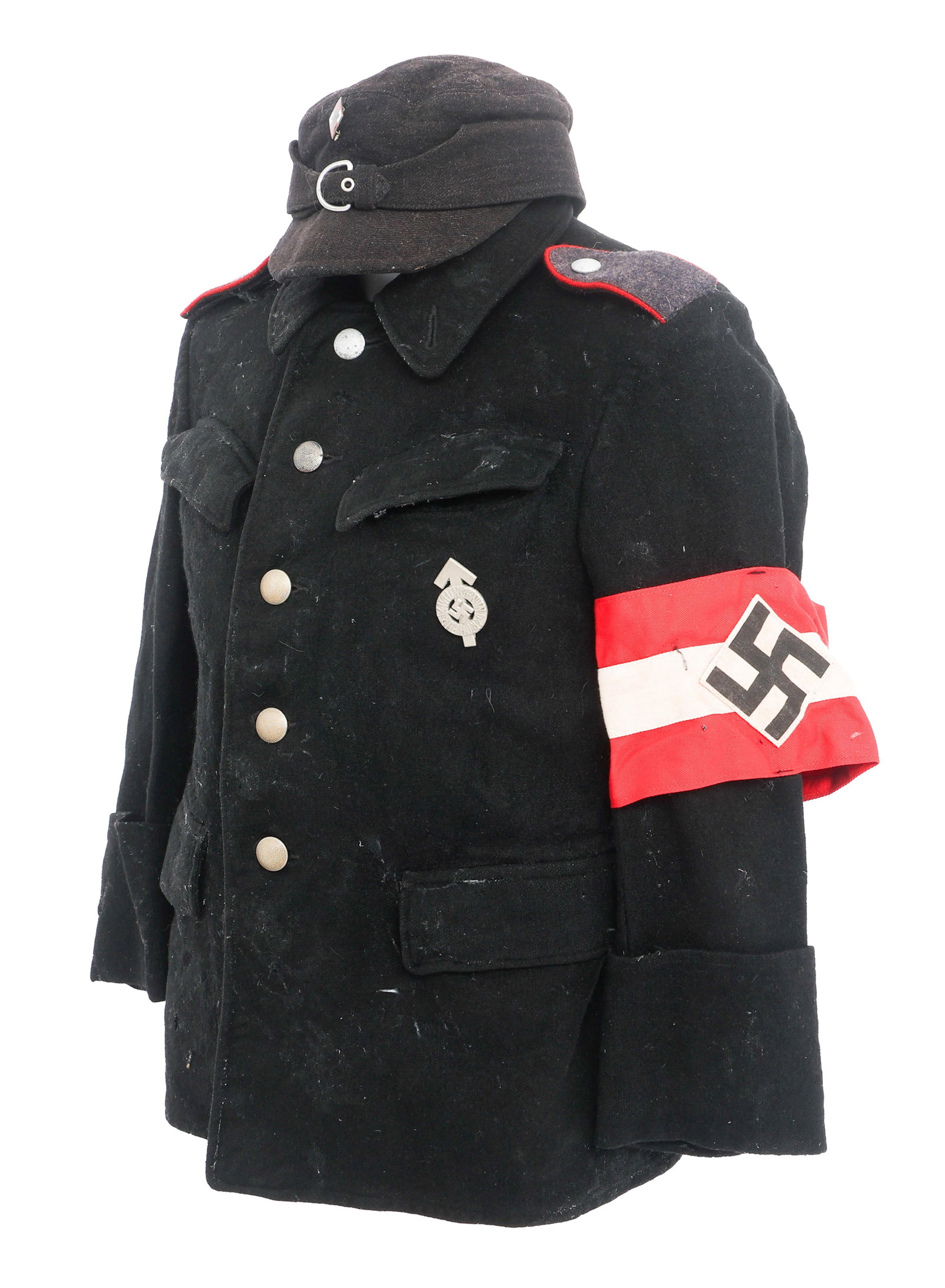 WWII GERMAN HJ FLAK HELPER TUNIC & M43 FIELD CAP: WWII GERMAN HJ FLAK HELPER TUNIC & M43 FIELD CAP WWII German Hitler Youth Flak Helper Uniform. (1) M43 Helper Field Cap. HJ frontal insignia. Leather sweatband. Tag is faded. (1) Black wool field blou