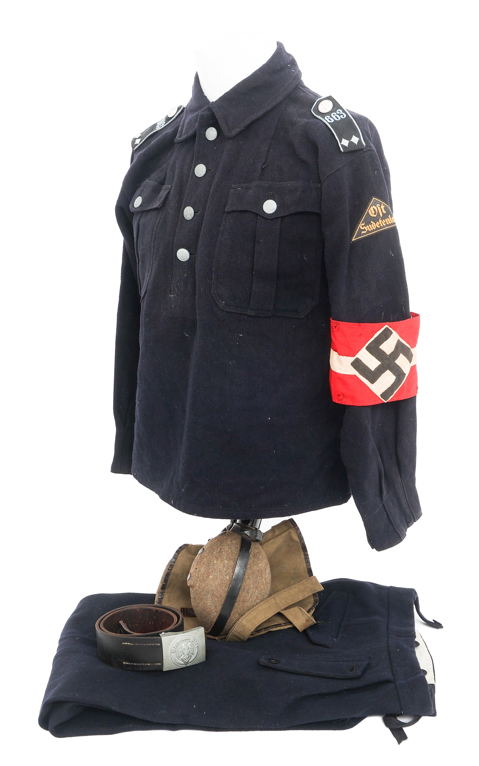 WWII GERMAN HJ FLIEGER SCHARFUHRER UNIFORM: WWII GERMAN HJ FLIEGER SCHARFUHRER UNIFORM WWII German Hitler Youth Flieger Scharf?hrer Uniform. (1) Dark blue wool tunic. Ost Sudetenland sleeve patch with Hitler Youth armband. 663rd Regiment Fliege