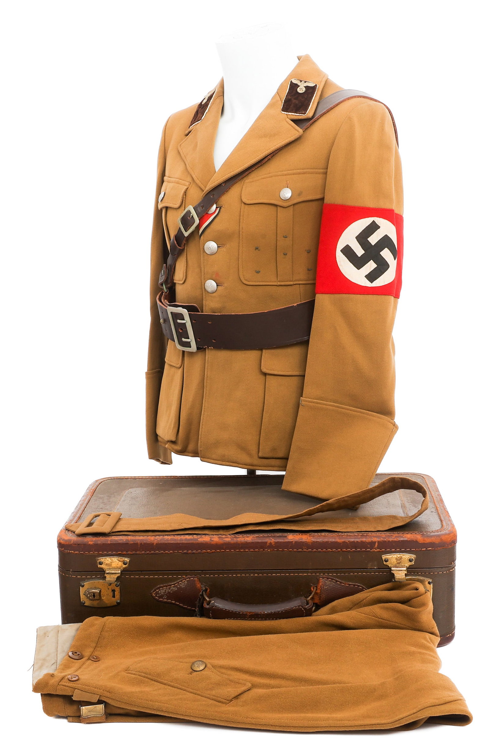WWII GERMAN NSDAP ANWARTER UNIFORM SET: WWII GERMAN NSDAP ANWARTER UNIFORM SET WWII German NSDAP Anwarter Uniform Set with suitcase. (1) Brown Cotton Shirt. NSDAP armband, Anwarter collar insignia and Iron Cross ribbon. RZM tag. (1) Leather
