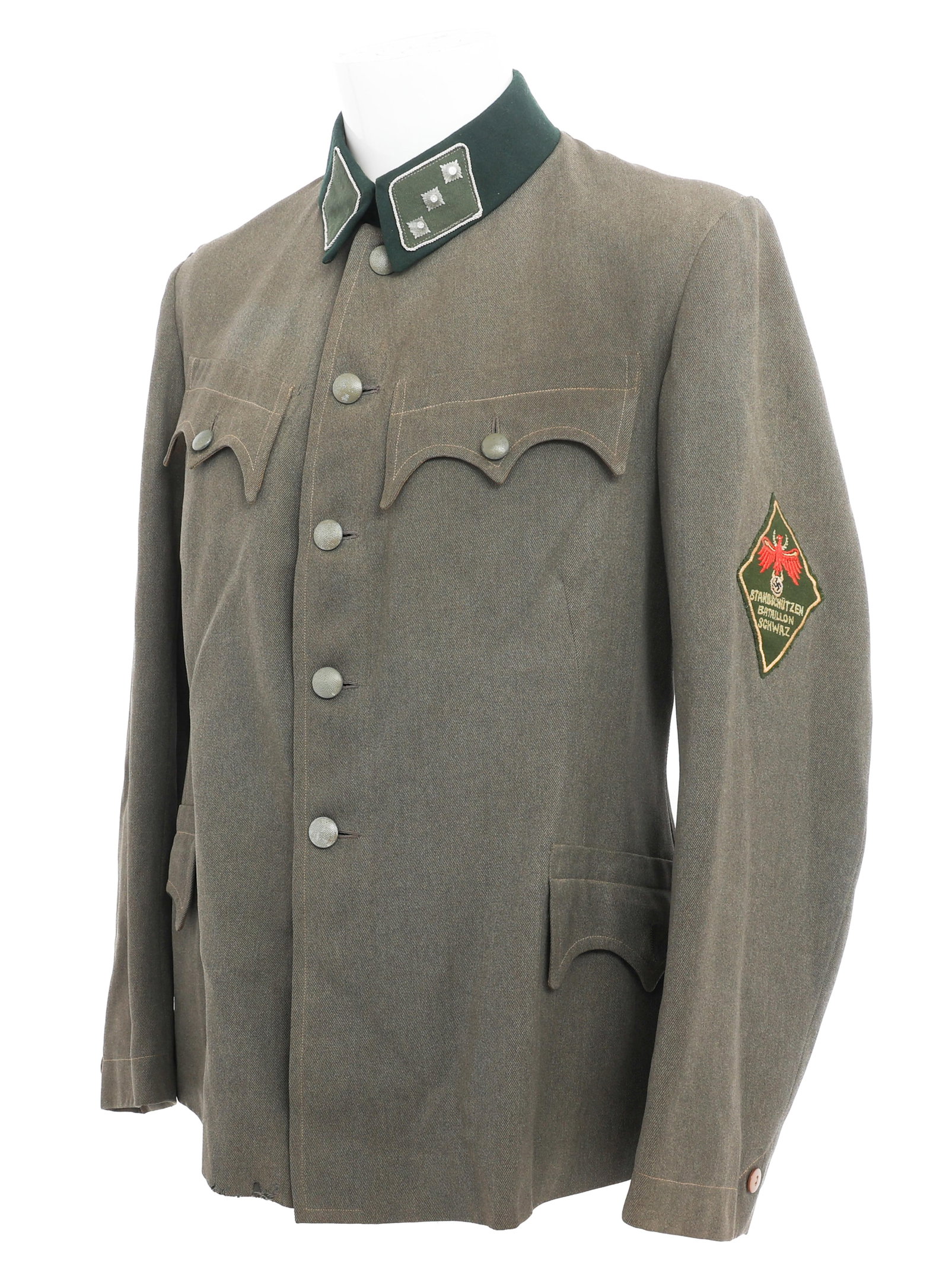 WWII GERMAN OFFICER SCHARZ STANDCHUTZEN TUNIC: WWII GERMAN OFFICER SCHARZ STANDCHUTZEN TUNIC WWII German Officer Volkssturm Schwarz Standschutzen Batallion Service Tunic. Private purchase cotton feldgrau tunic. Standschutzen Battalion Schwaz patch