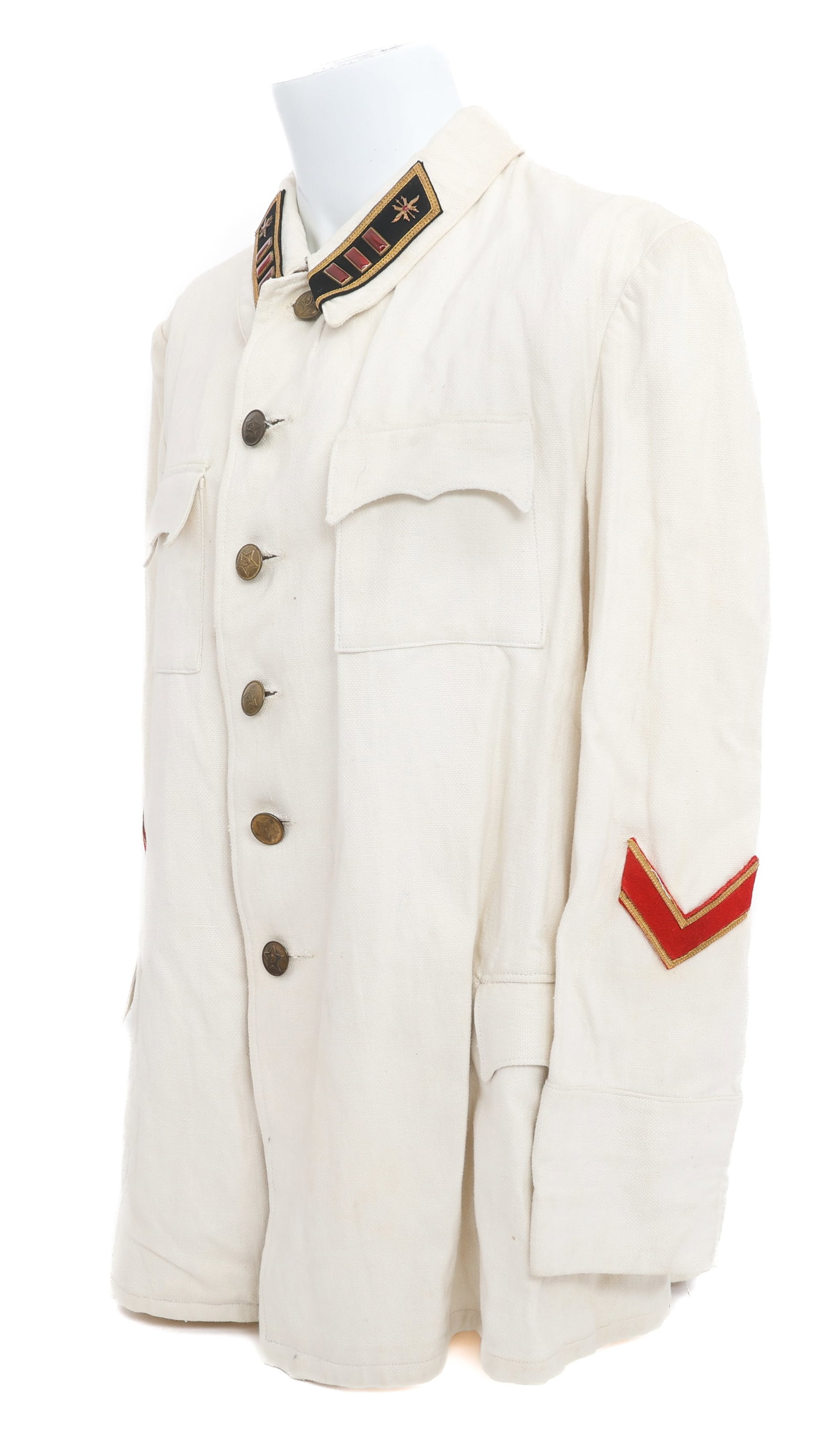 WWII SOVIET OFFICER SIGNAL CORPS SUMMER TUNIC: WWII SOVIET OFFICER SIGNAL CORPS SUMMER TUNIC WWII Soviet Officer White Summer Cotton Tunic with Lieutenant Signal Corps insignia on the collar tabs, and Lieutenant sleeve patches. Factory stamp Katin