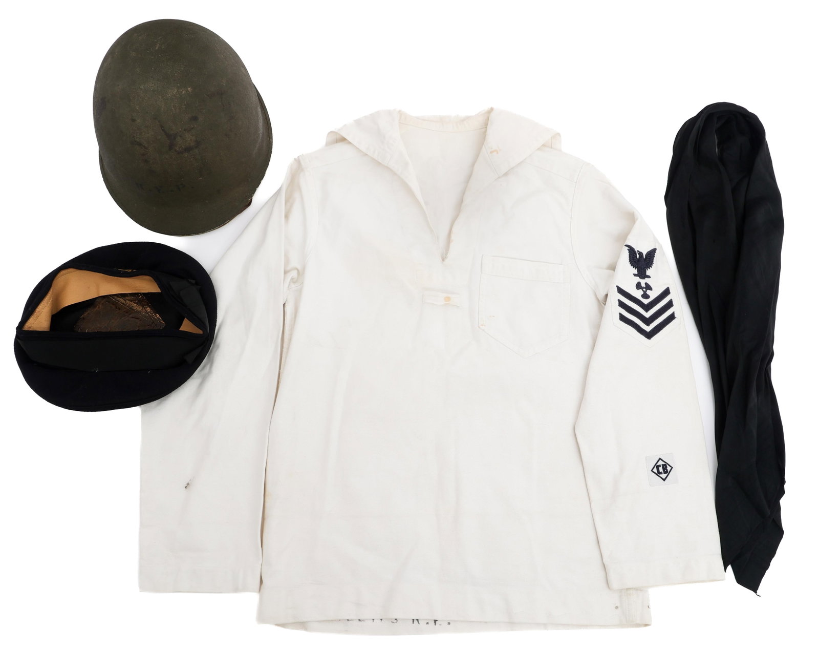 WWII US NAVY NAMED WHITE UNIFORM & M1 HELMET