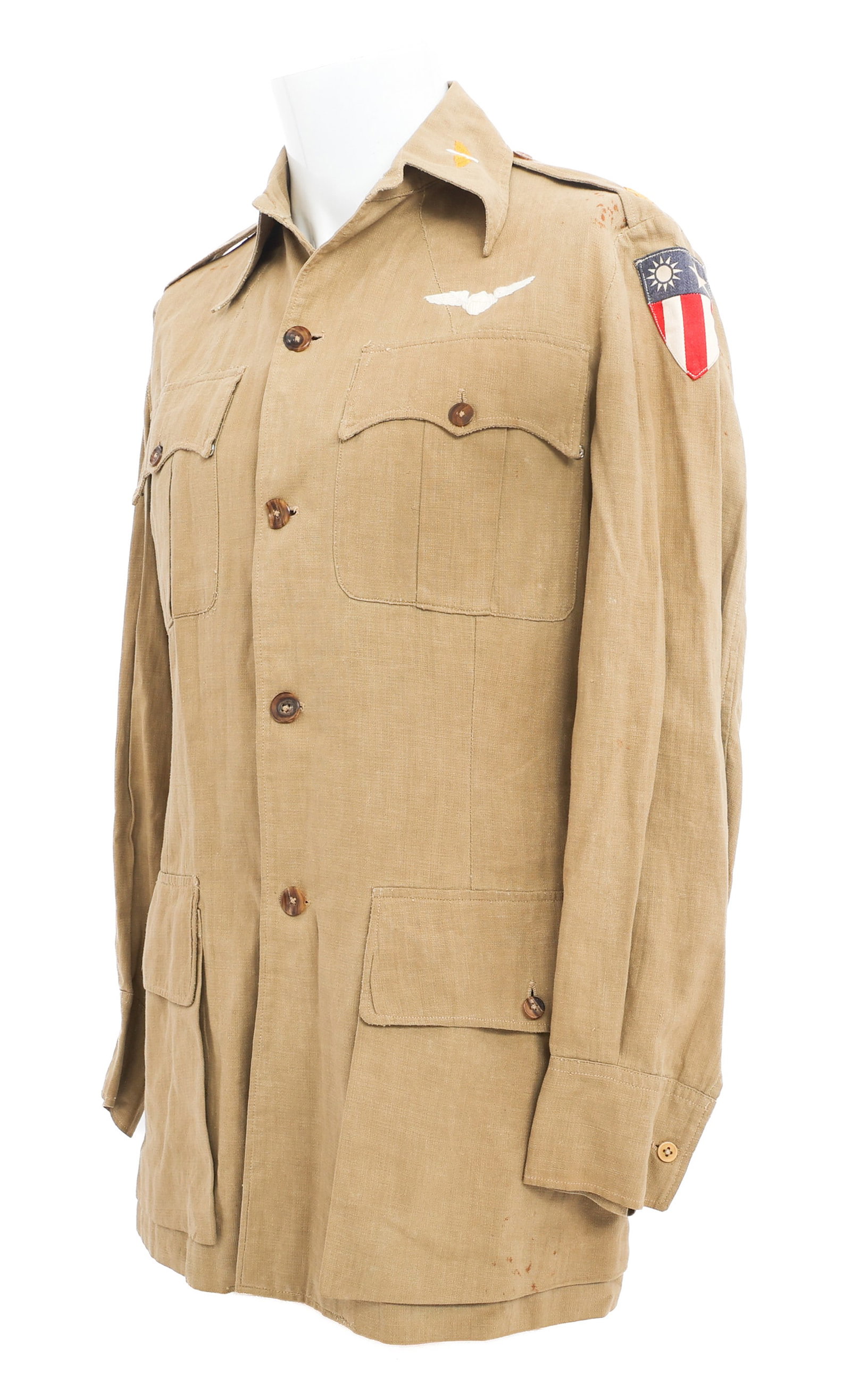 WWII USAAF CBI OFFICER TROPICAL TUNIC: WWII USAAF CBI OFFICER TROPICAL TUNIC WWII U.S. Army Air Force China Burma India Theater Officer Khaki Cotton Tropical Field Tunic. CIB Patch, embroidered Major shoulder rank insignia, Air Force, U.S.