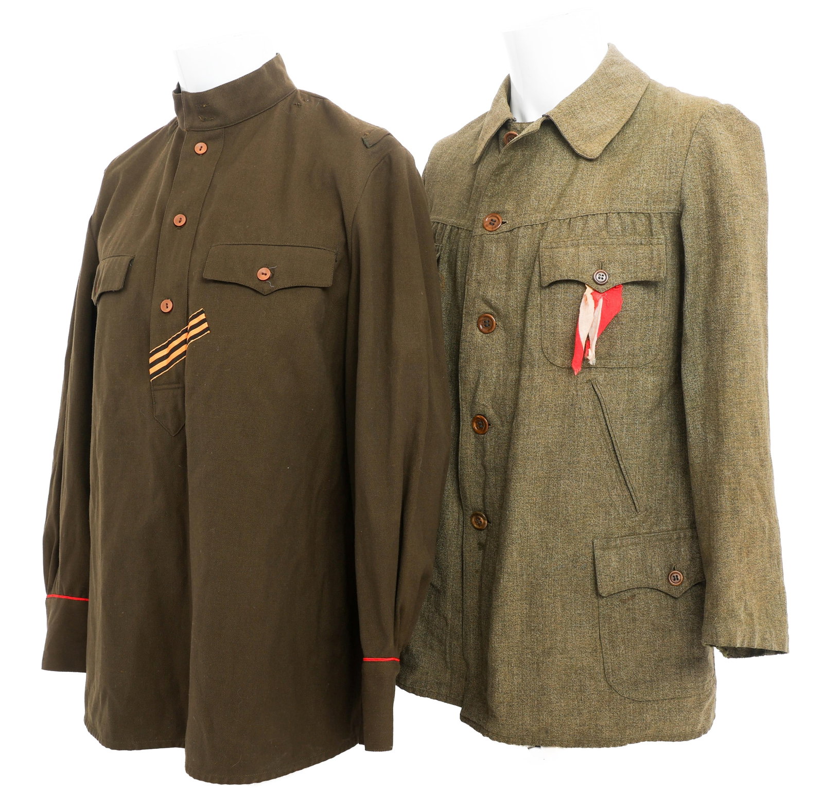 1919 - 1960s SOVIET & LATVIAN ARMY TUNICS: 1919 - 1960s SOVIET & LATVIAN ARMY TUNICS Soviet and Latvian Army Smock and Tunic. (1) Wool Post-war M43 Gymnastyorka Smock. Red sleeve piping and black and yellow ribbon. No visible maker marks. (1) 
